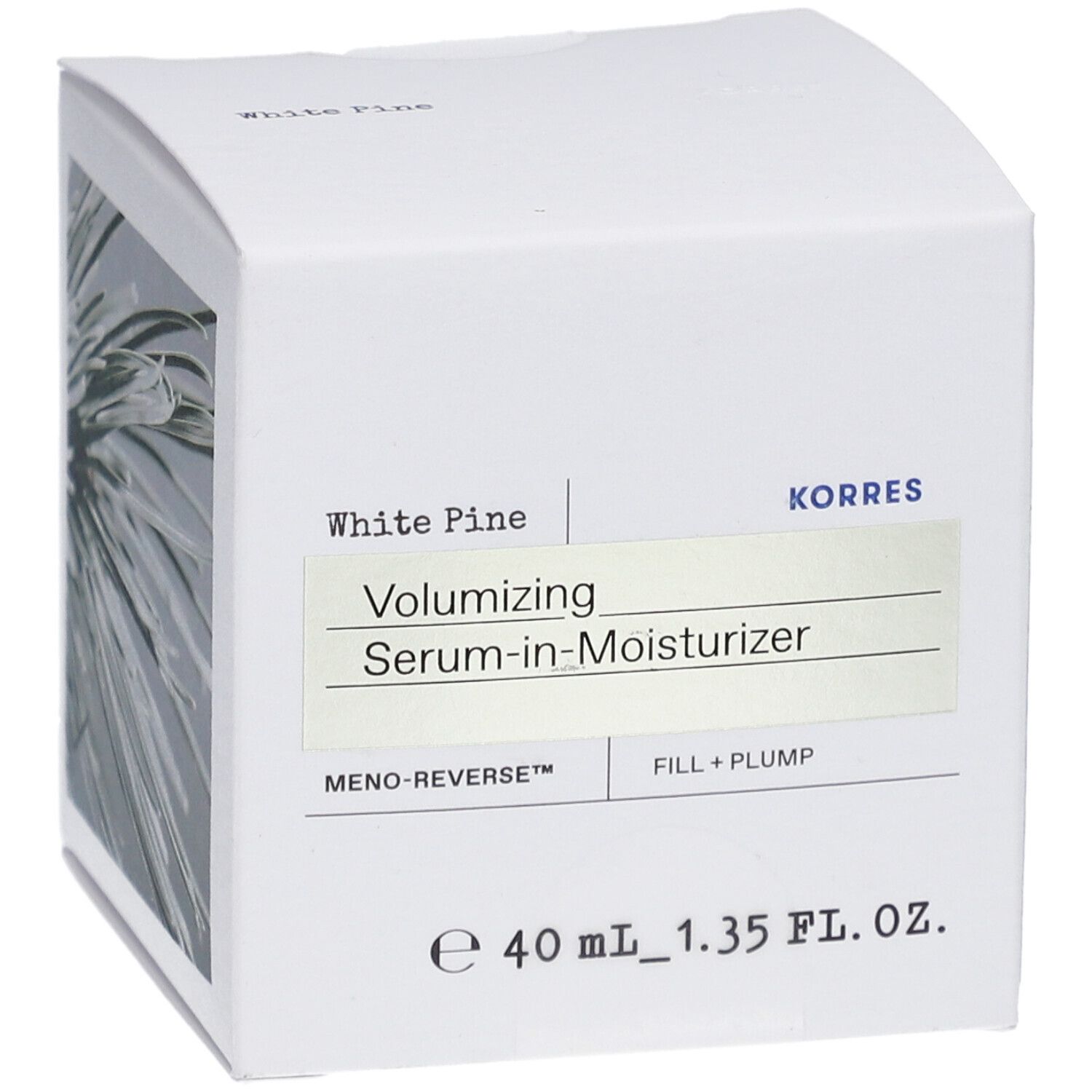 Boîte blanche avec informations produit. Inscriptions: White Pine, Volumizing Serum-in-Moisturizer, KORRES.