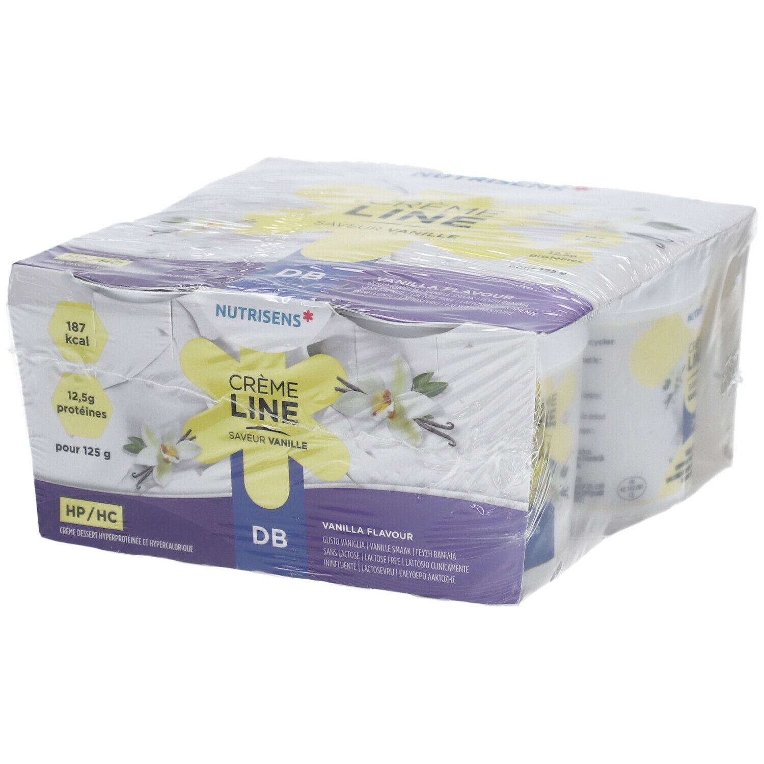 Emballage de pots. Inscription: Crème Line, Vanille. Marque Nutrisens. Film plastique.