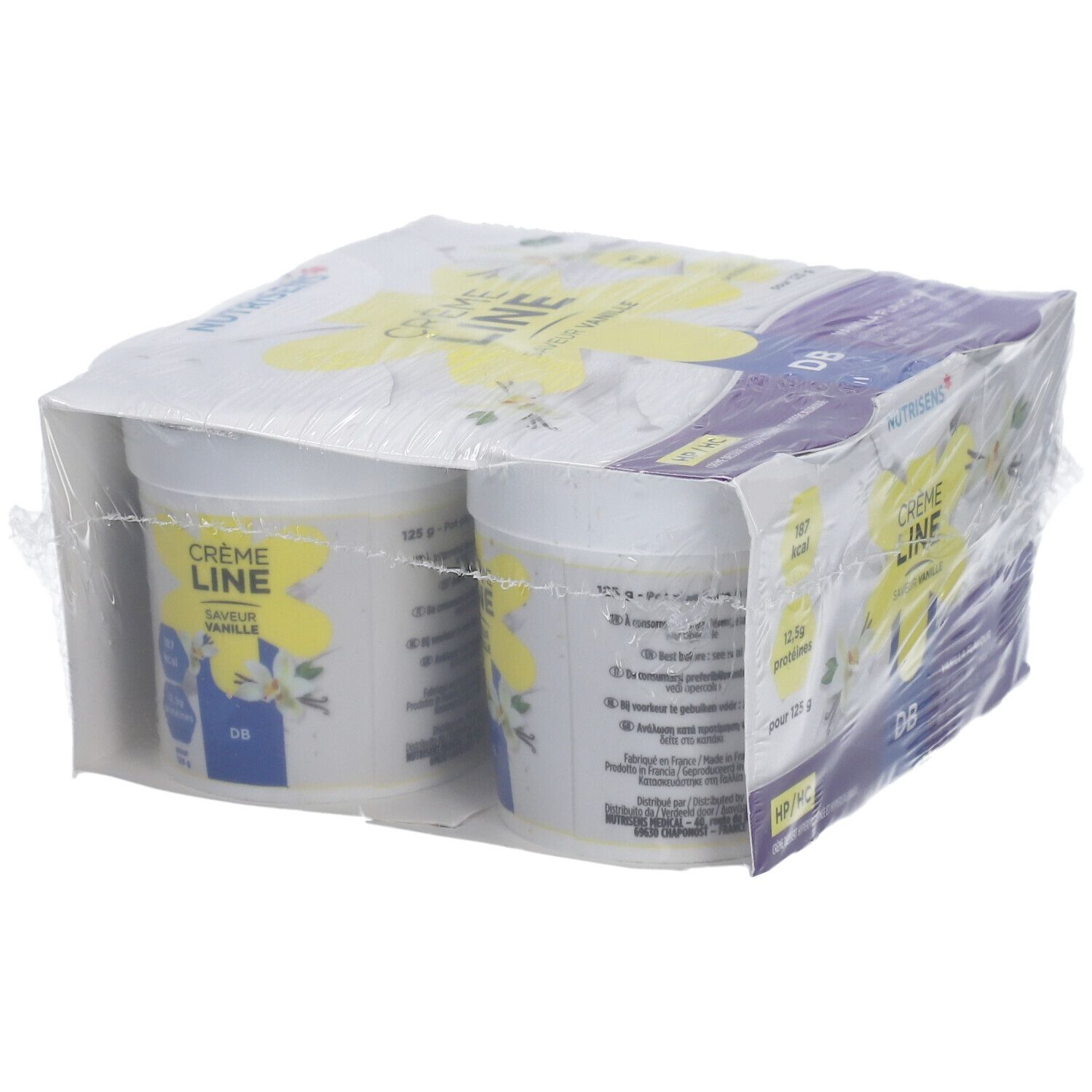 Emballage de pots. Inscription: Crème Line, Vanille. Marque Nutrisens. Film plastique.