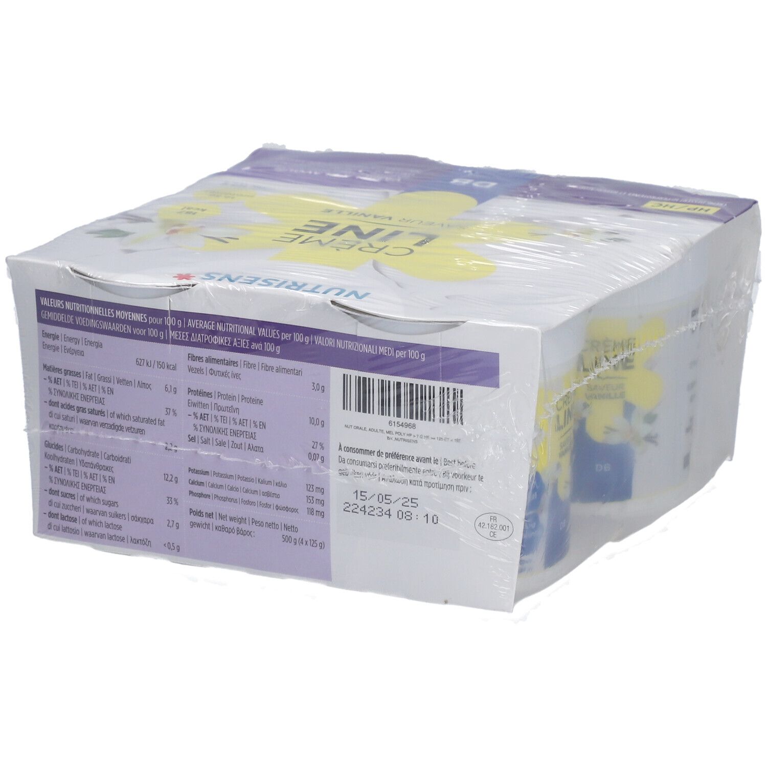 Emballage avec informations nutritionnelles. Inscription: Crème Line, Vanille. Marque Nutrisens. Code-barres.