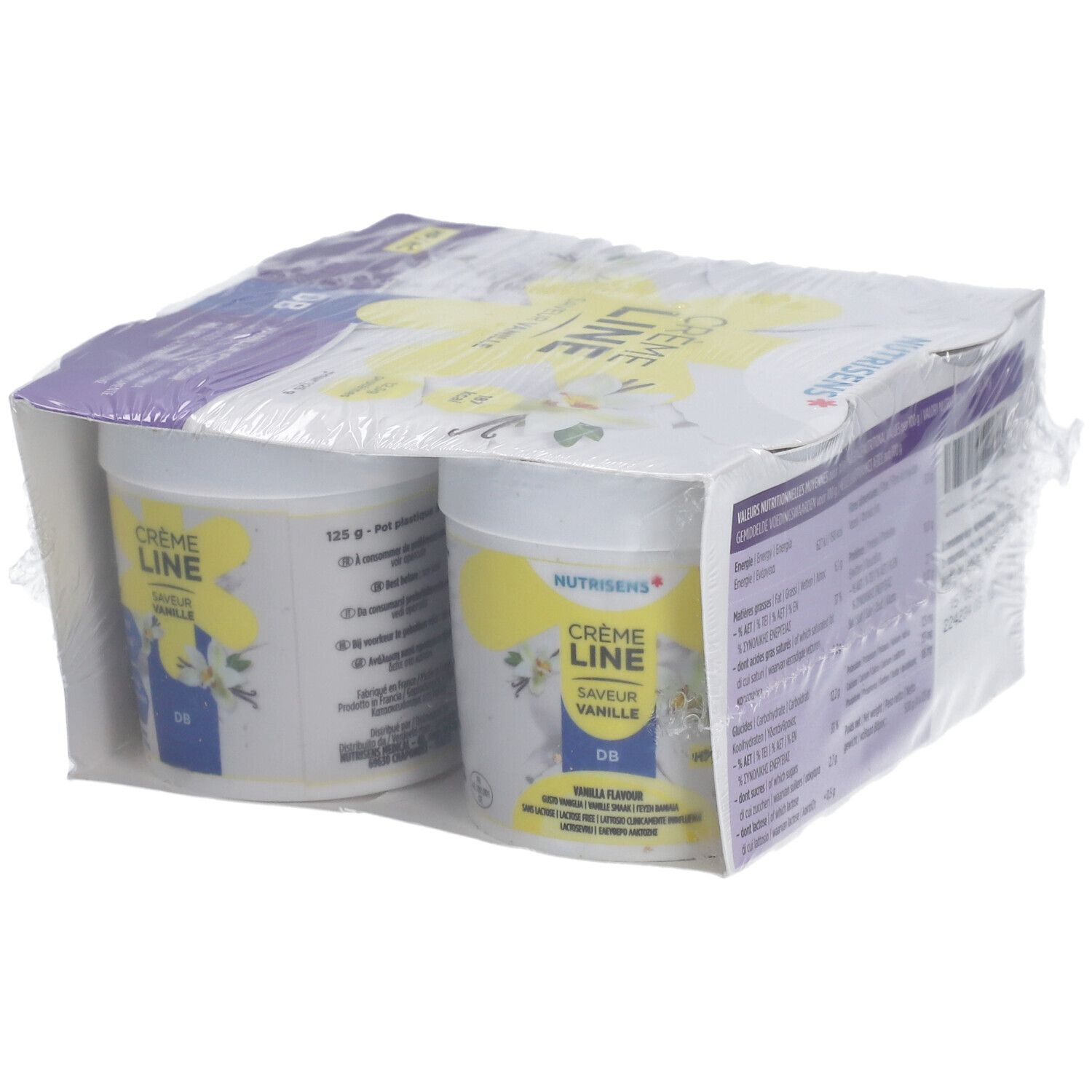 Emballage de pots. Inscription: Crème Line, Vanille. Marque Nutrisens. Film plastique.
