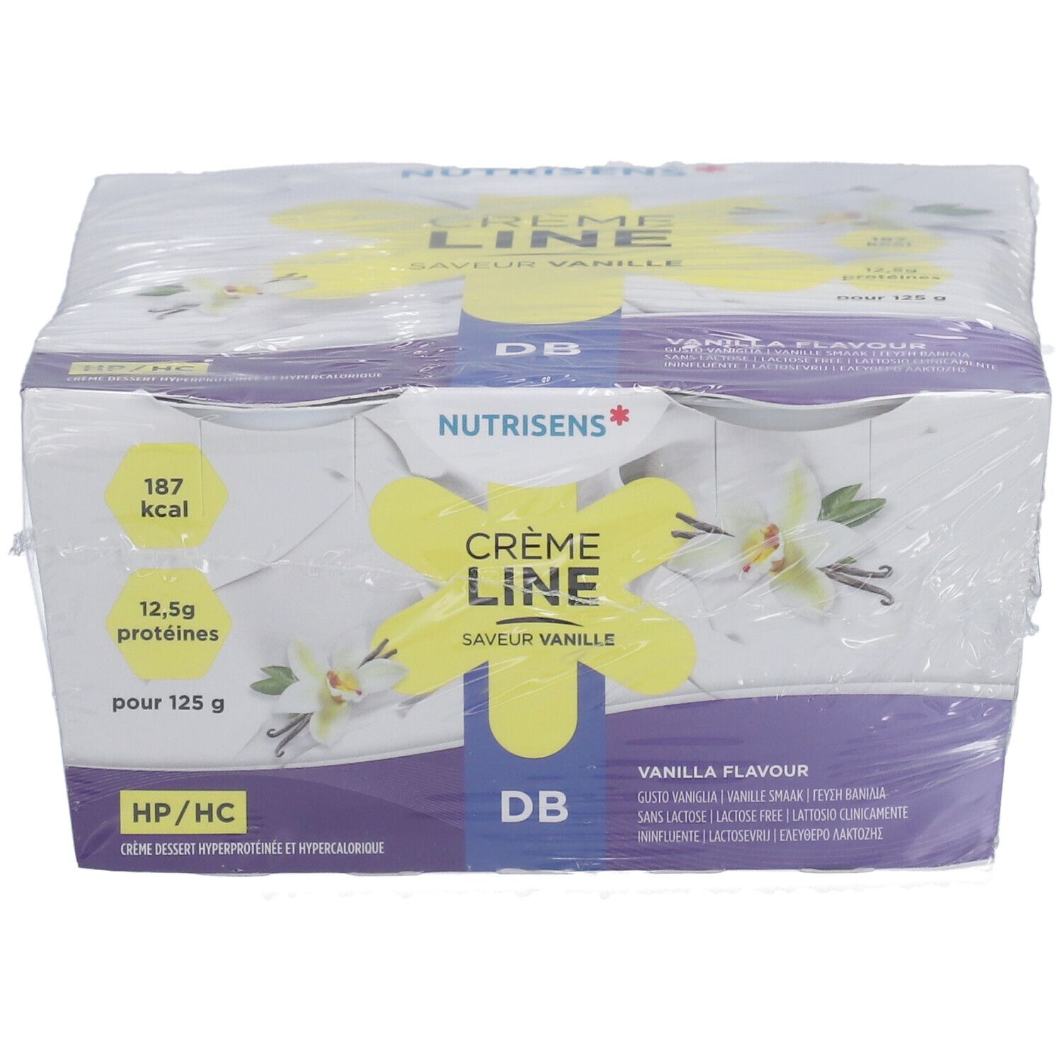 Emballage de pots. Inscription: Crème Line, Vanille. Marque Nutrisens. Film plastique.