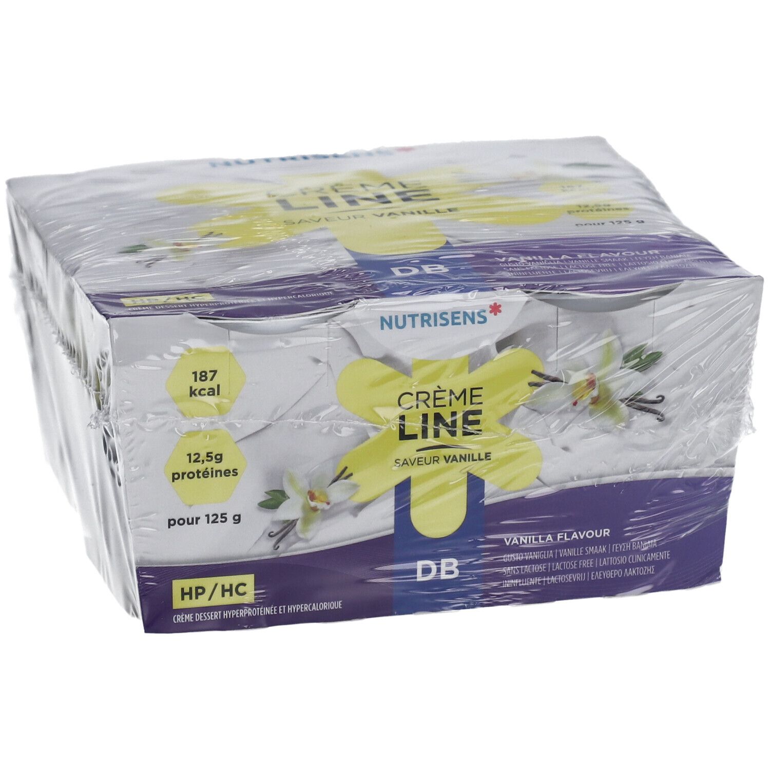 Emballage de pots. Inscription: Crème Line, Vanille. Marque Nutrisens. Film plastique.