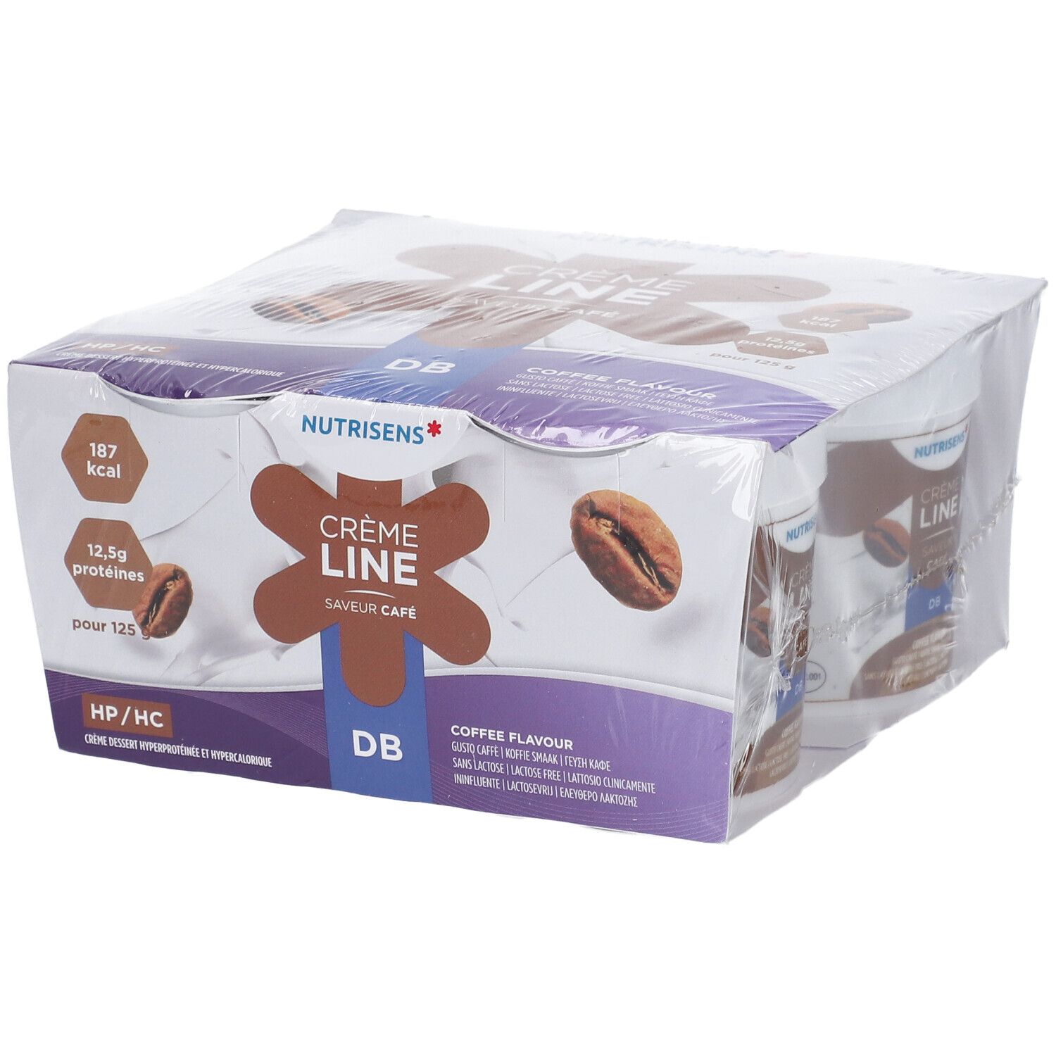 Emballage de pots. Inscription: Crème Line, saveur café, HP/HC. Visible: logo Nutrisens, grain de café, informations nutritionnelles.