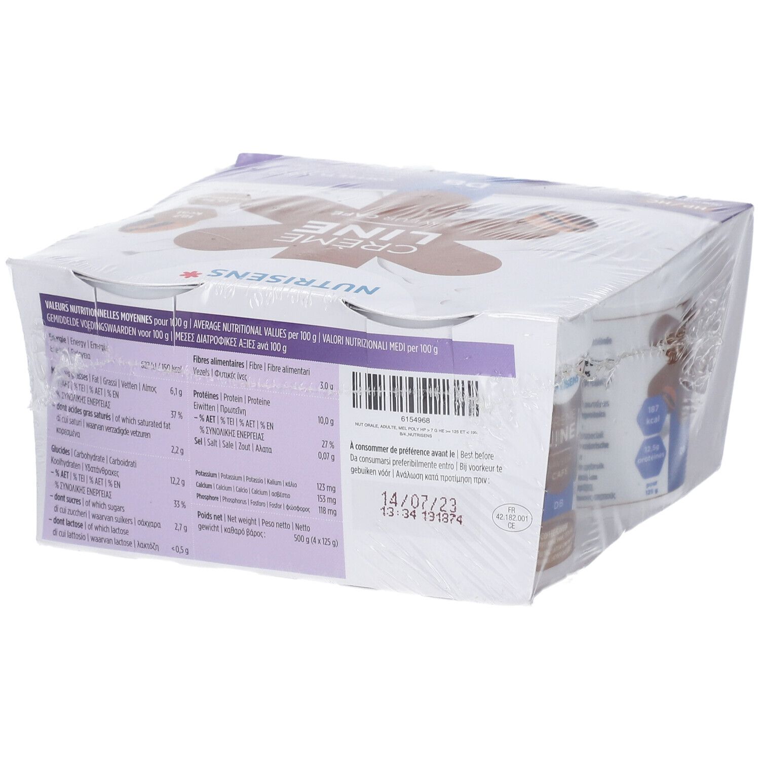 Emballage de pots. Arrière avec informations nutritionnelles et date de péremption. Inscription: Crème Line, HP/HC. Visible: logo Nutrisens.
