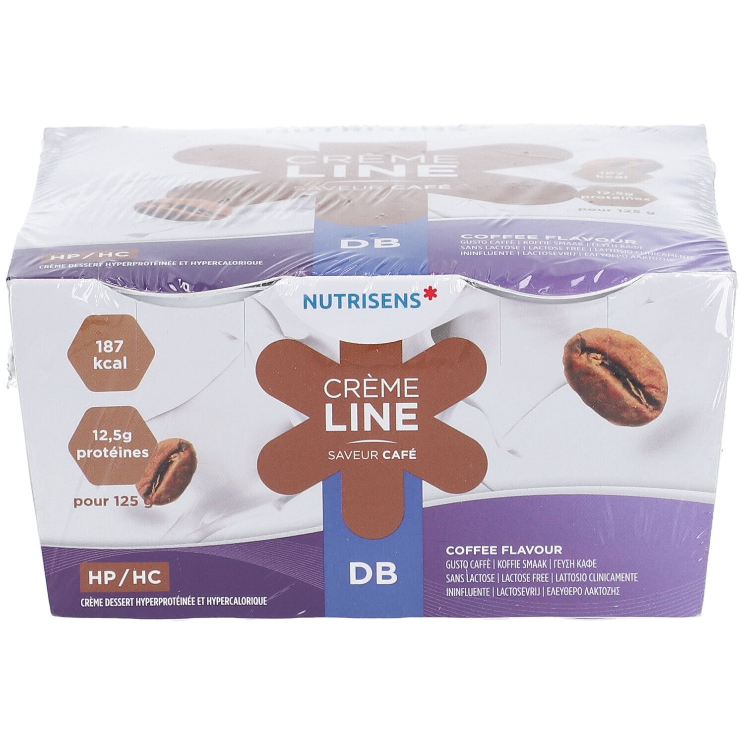 Emballage de pots. Inscription: Crème Line, saveur café, HP/HC. Visible: logo Nutrisens, grain de café, informations nutritionnelles.