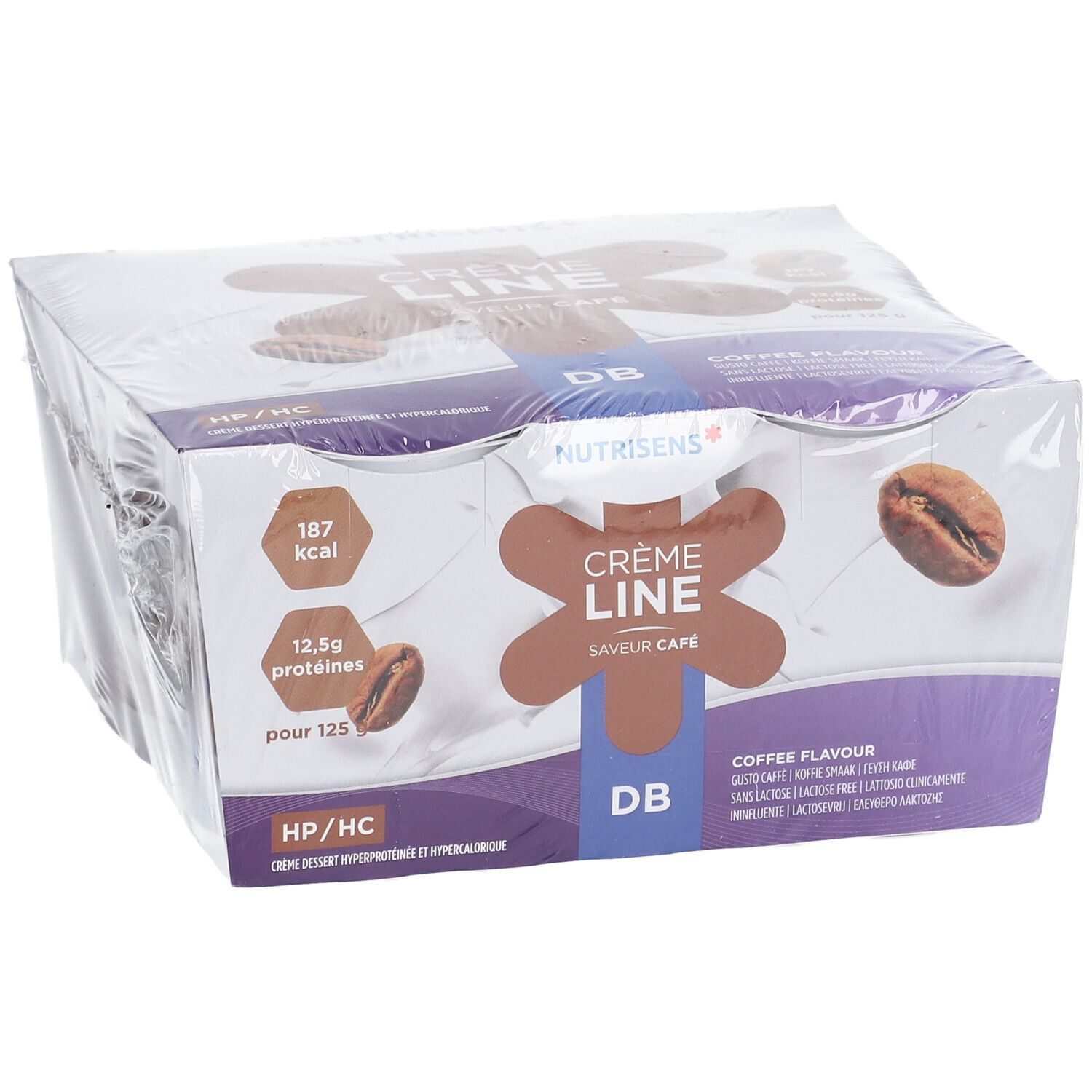 Emballage de pots. Inscription: Crème Line, saveur café, HP/HC. Visible: logo Nutrisens, grain de café, informations nutritionnelles.