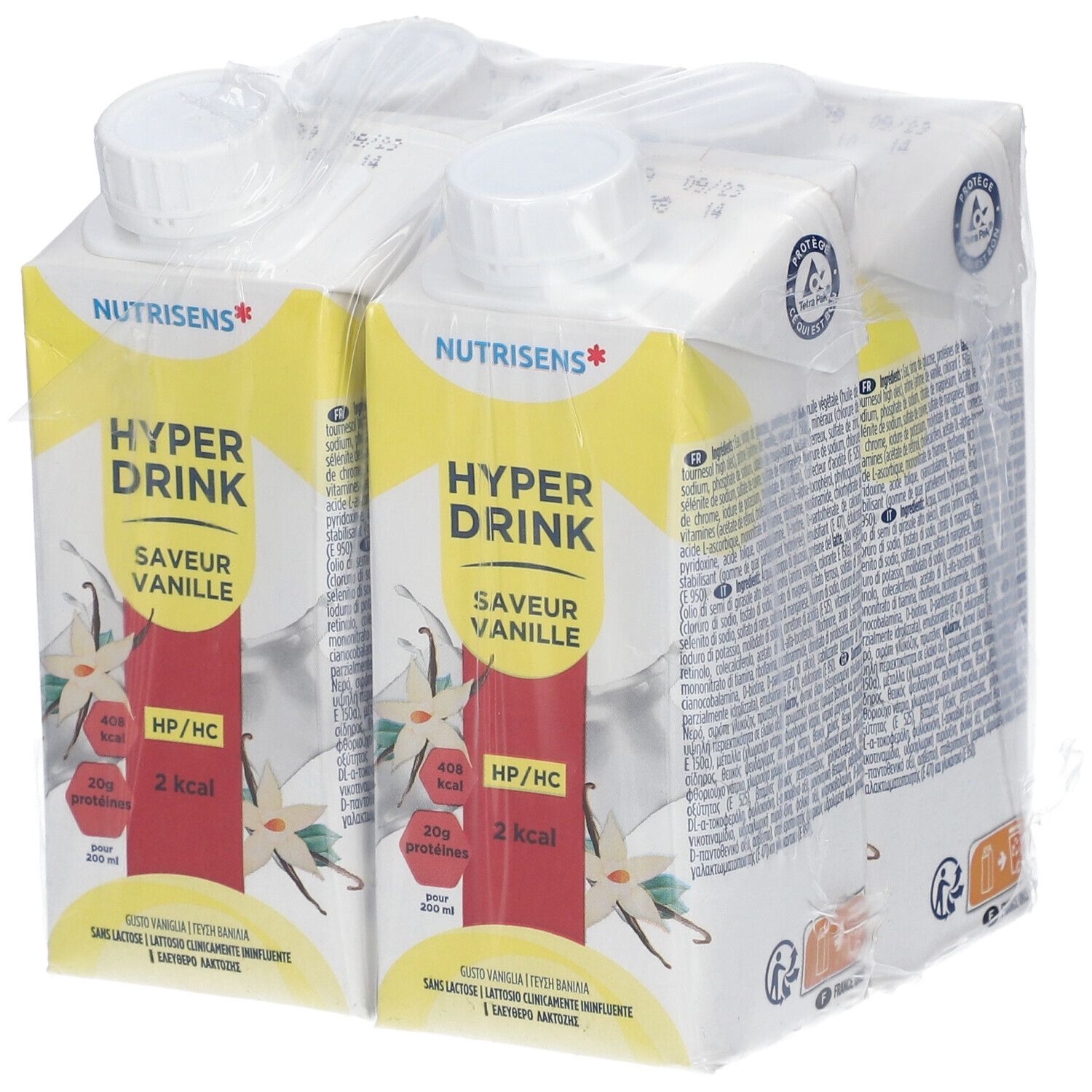 Emballage de quatre boissons. Inscription: Nutrisens Hyperdrink, Vanille, 2 kcal. Emballé dans du film plastique.