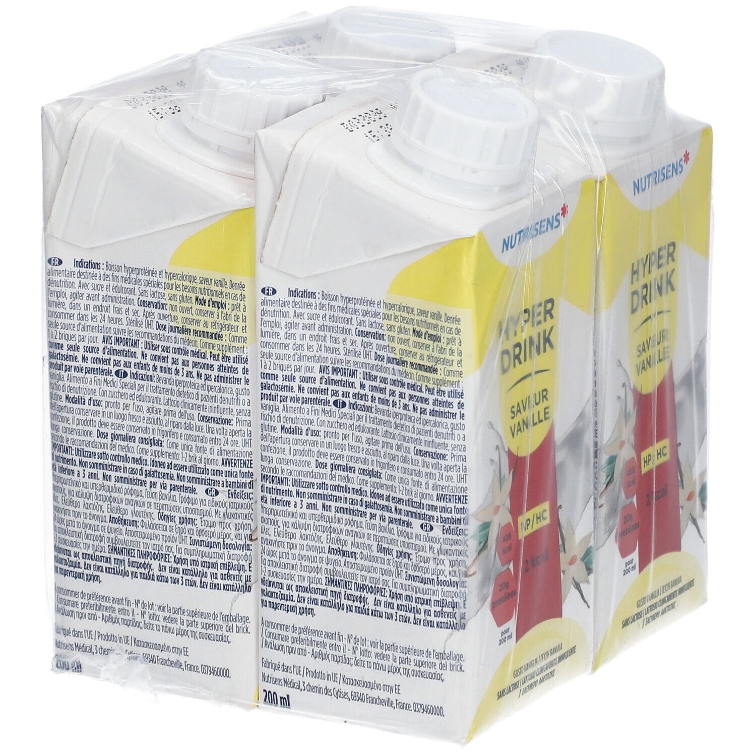 Emballage de quatre boissons. Dos avec texte. Emballé dans du film plastique. Inscription: Nutrisens Hyperdrink, Vanille, 2 kcal.