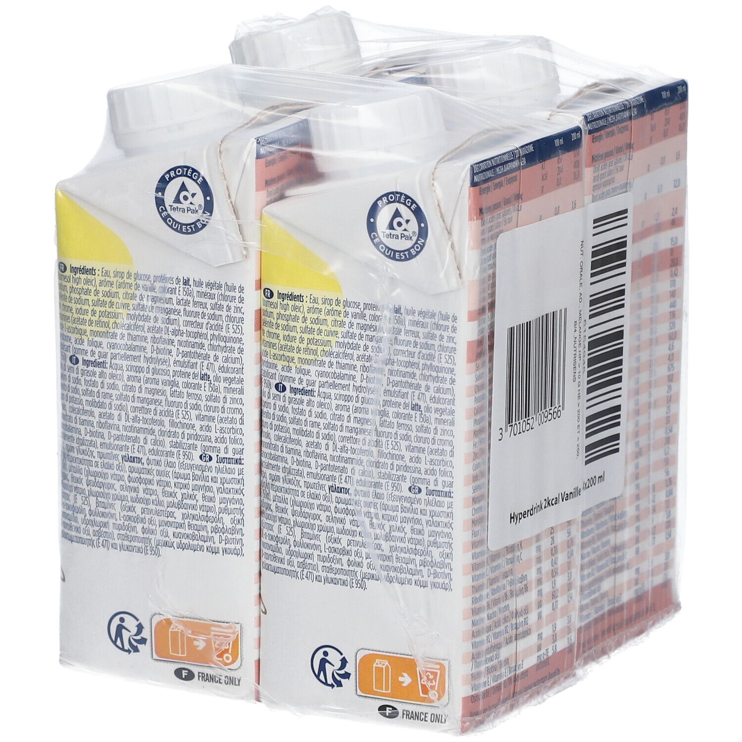 Emballage de quatre boissons. Dos avec texte et symboles de recyclage. Emballé dans du film plastique.