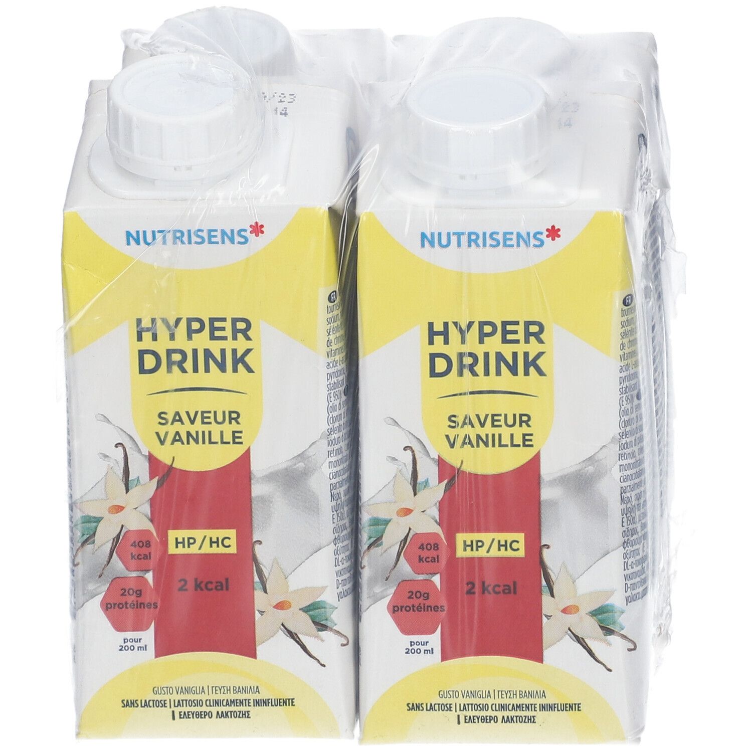 Emballage de quatre boissons. Inscription: Nutrisens Hyperdrink, Vanille, 2 kcal. Emballé dans du film plastique.
