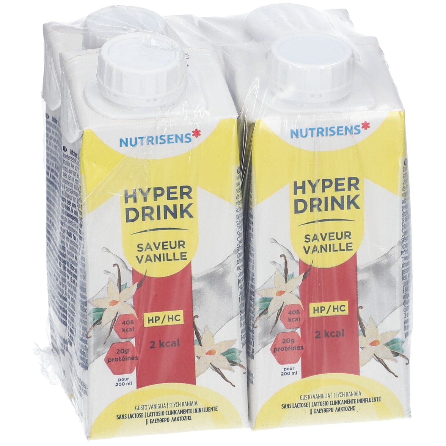 Emballage de quatre boissons. Inscription: Nutrisens Hyperdrink, Vanille, 2 kcal. Emballé dans du film plastique.