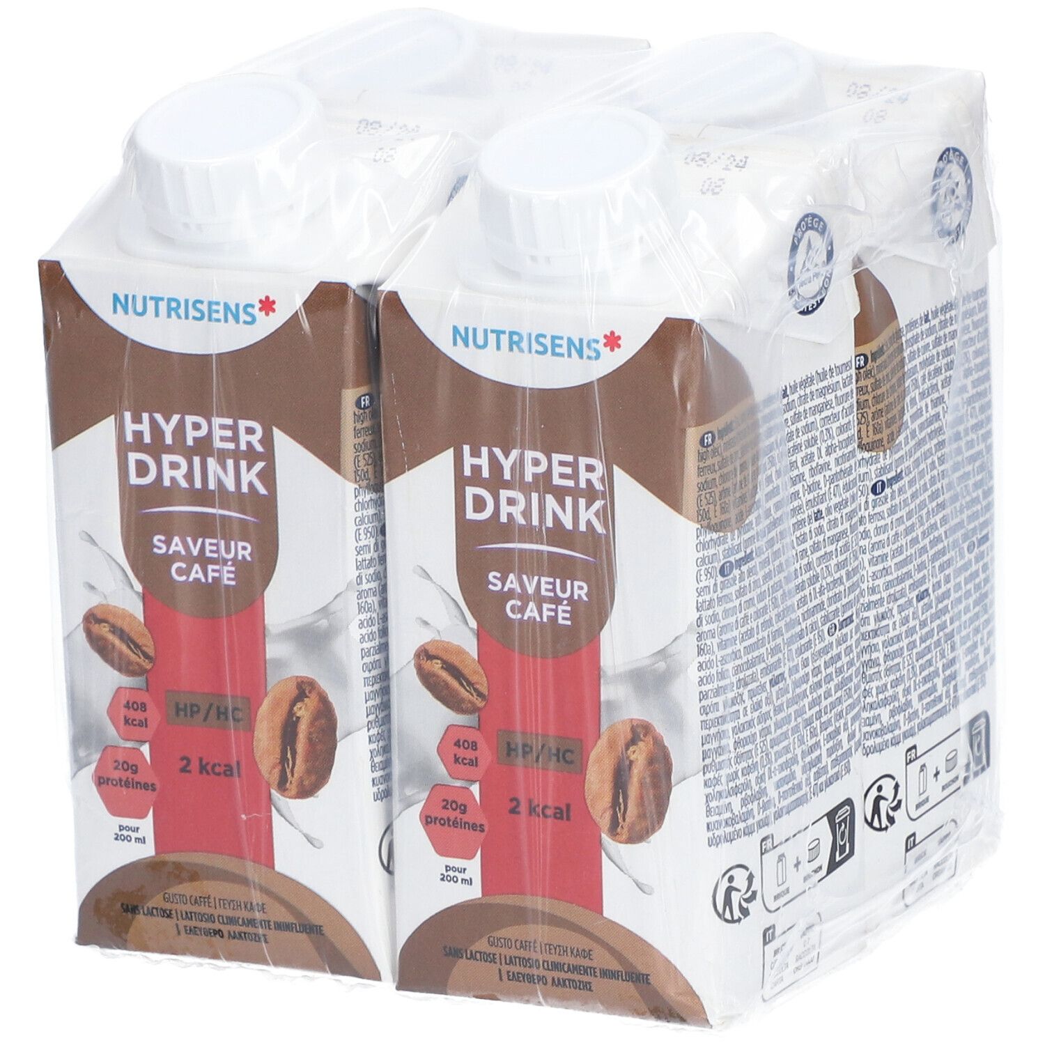 Emballage de quatre boissons. Inscription: Nutrisens Hyperdrink, Saveur Café, 408 kcal, 20g protéines, 2 kcal. Illustration de grains de café.