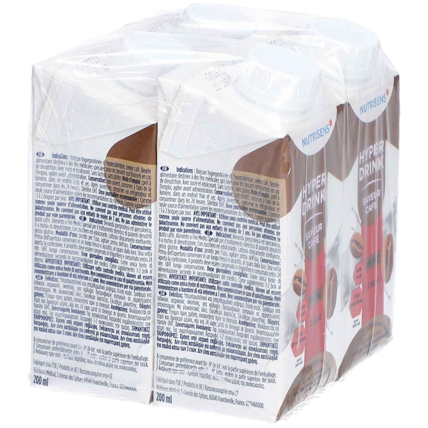 Emballage de quatre boissons. Dos avec texte et informations nutritionnelles. Emballé dans du film plastique. 200 ml par boisson.