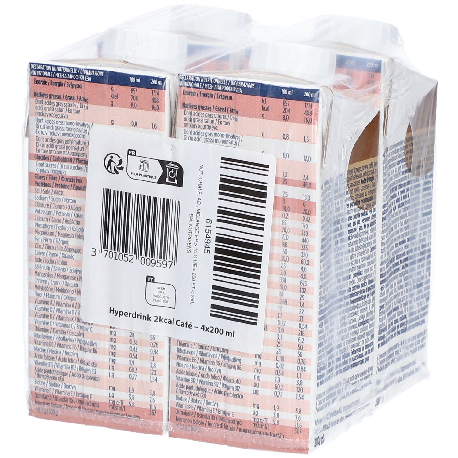 Emballage de quatre boissons. Dos avec informations nutritionnelles et code-barres. 200 ml par boisson.