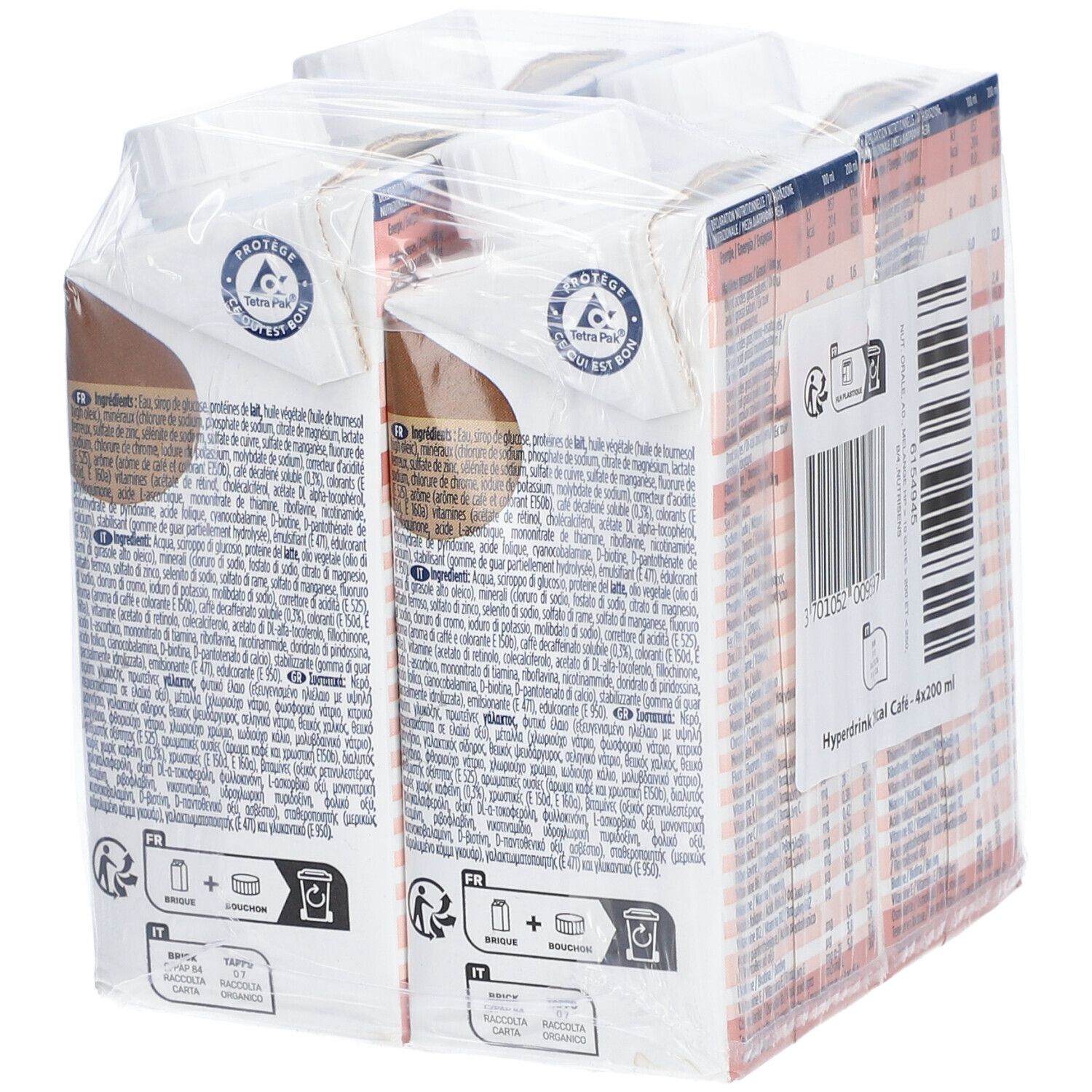 Emballage de quatre boissons. Dos avec texte et pictogrammes. Emballé dans du film plastique. 200 ml par boisson.