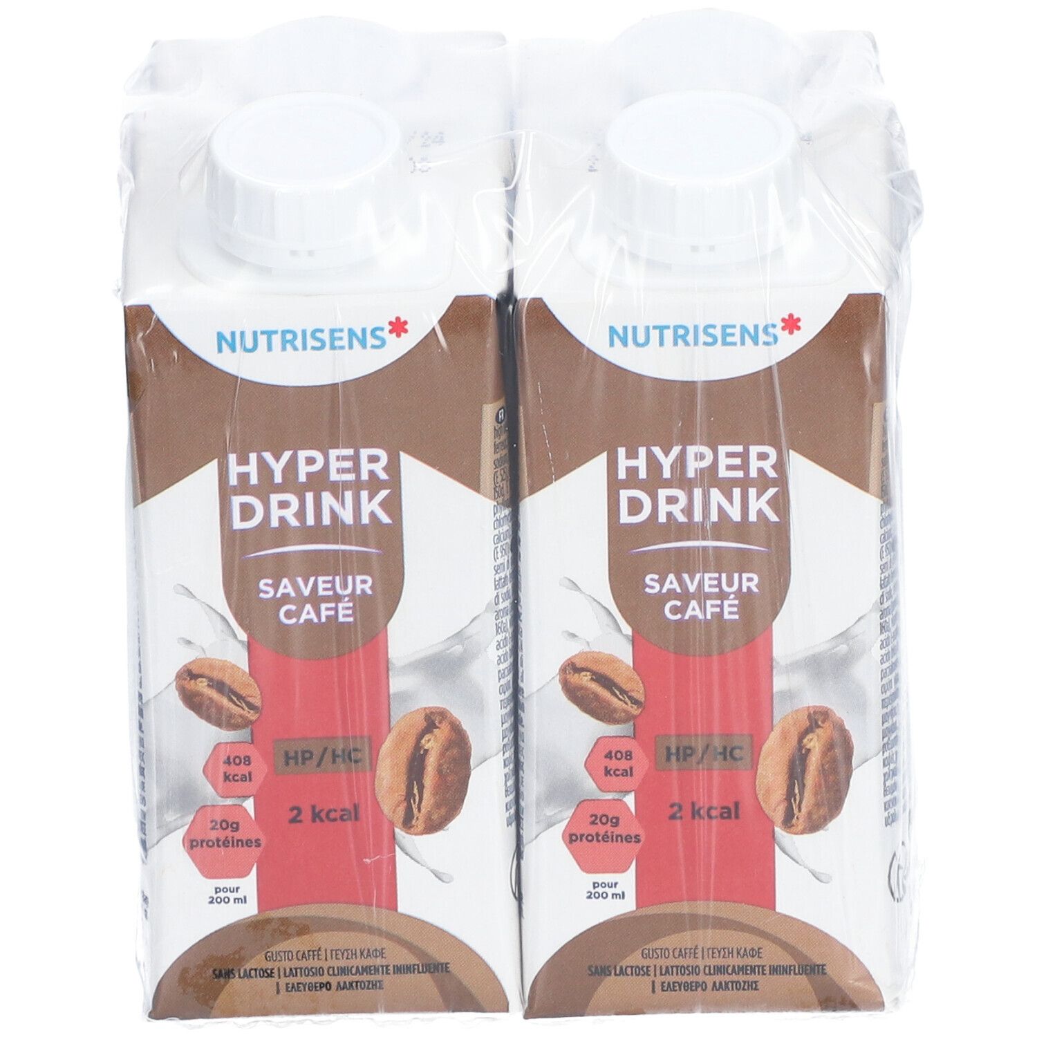 Emballage de quatre boissons. Inscription: Nutrisens Hyperdrink, Saveur Café, 408 kcal, 20g protéines, 2 kcal. Illustration de grains de café.