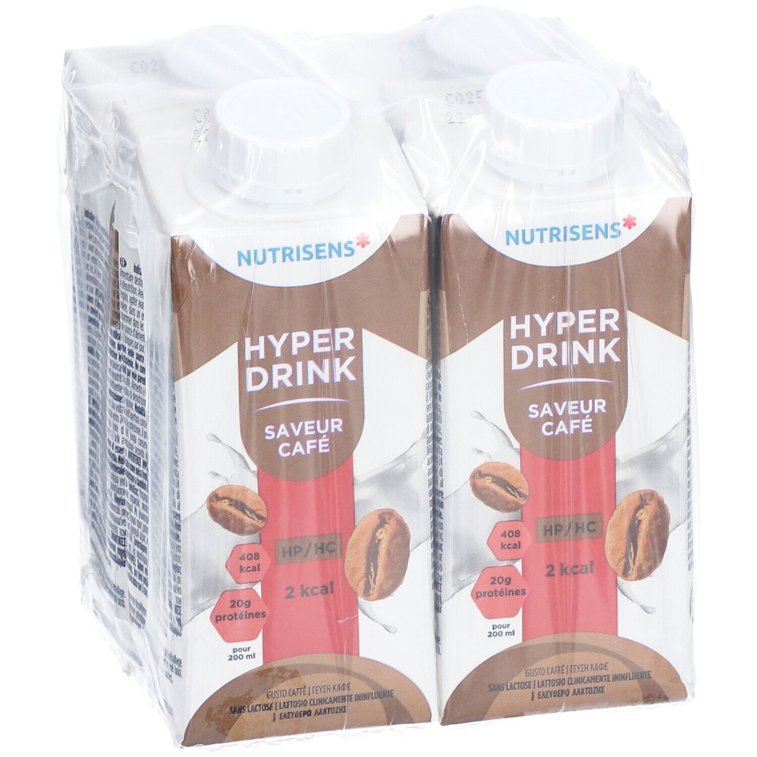 Emballage de quatre boissons. Inscription: Nutrisens Hyperdrink, Saveur Café, 408 kcal, 20g protéines, 2 kcal. Illustration de grains de café.