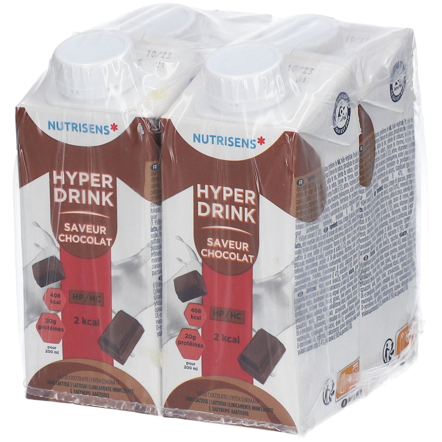 Emballage de quatre boissons. Inscription: Nutrisens Hyperdrink, saveur chocolat. Visible: 2 kcal, 20g protéines.