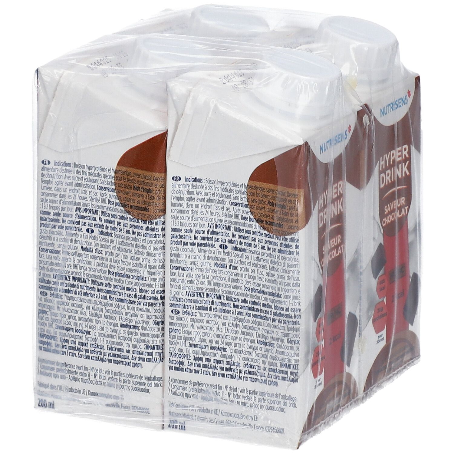 Emballage de quatre boissons. Dos avec texte. Visible: Nutrisens Hyperdrink, saveur chocolat. Emballé dans du film.