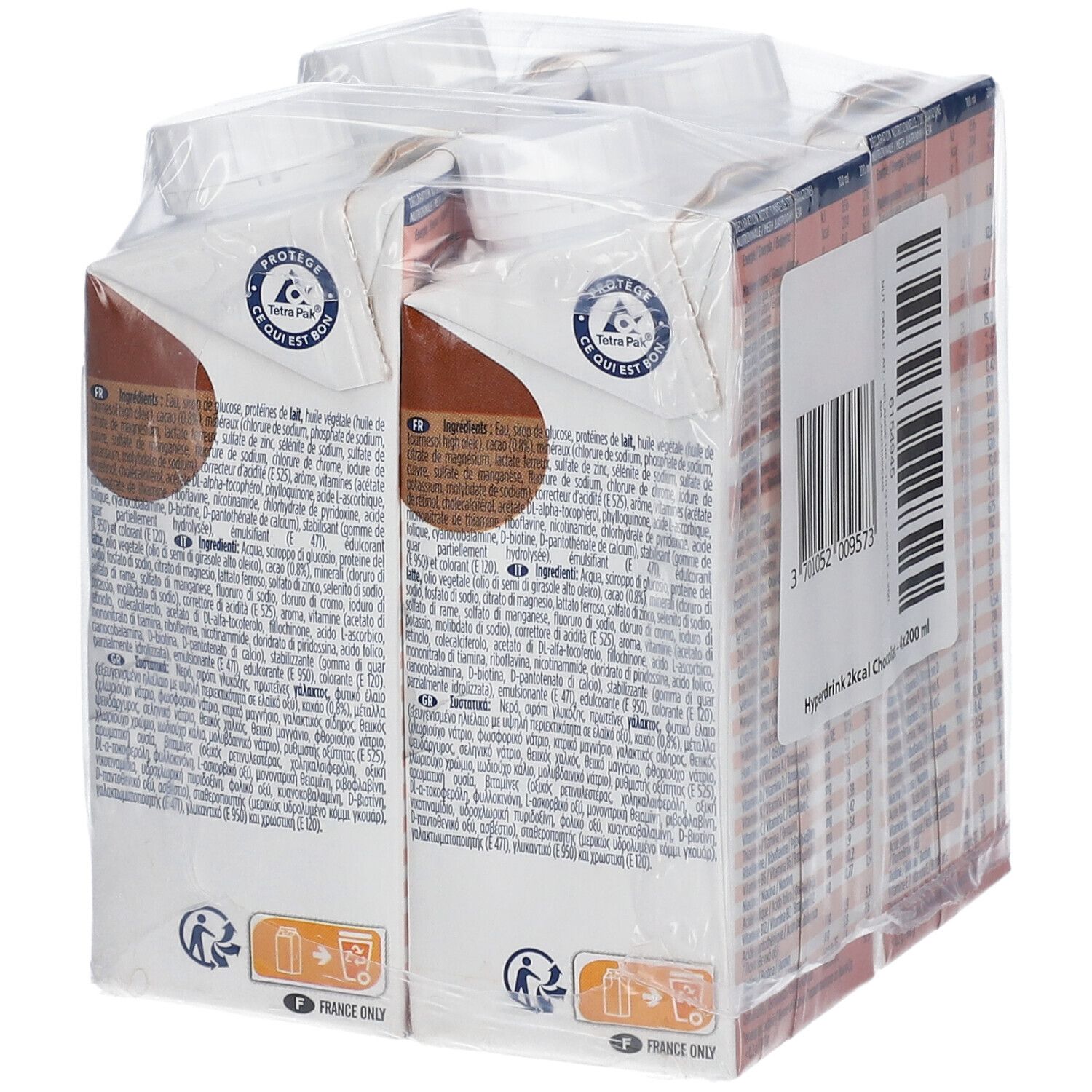 Emballage de quatre boissons. Dos avec liste d'ingrédients. Visible: Hyperdrink 2kcal Chocolat. Emballé dans du film.