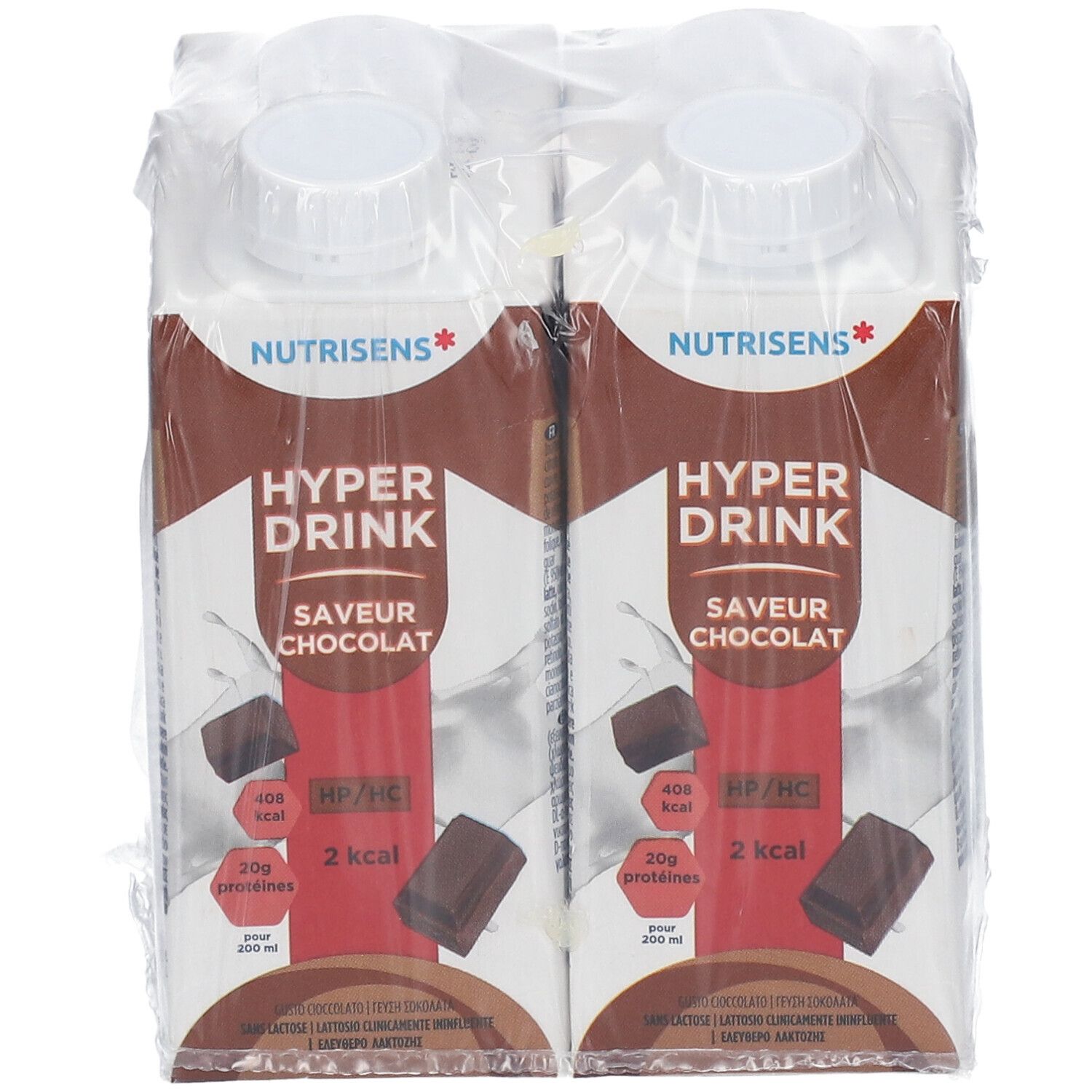 Emballage de quatre boissons. Inscription: Nutrisens Hyperdrink, saveur chocolat. Visible: 2 kcal, 20g protéines.