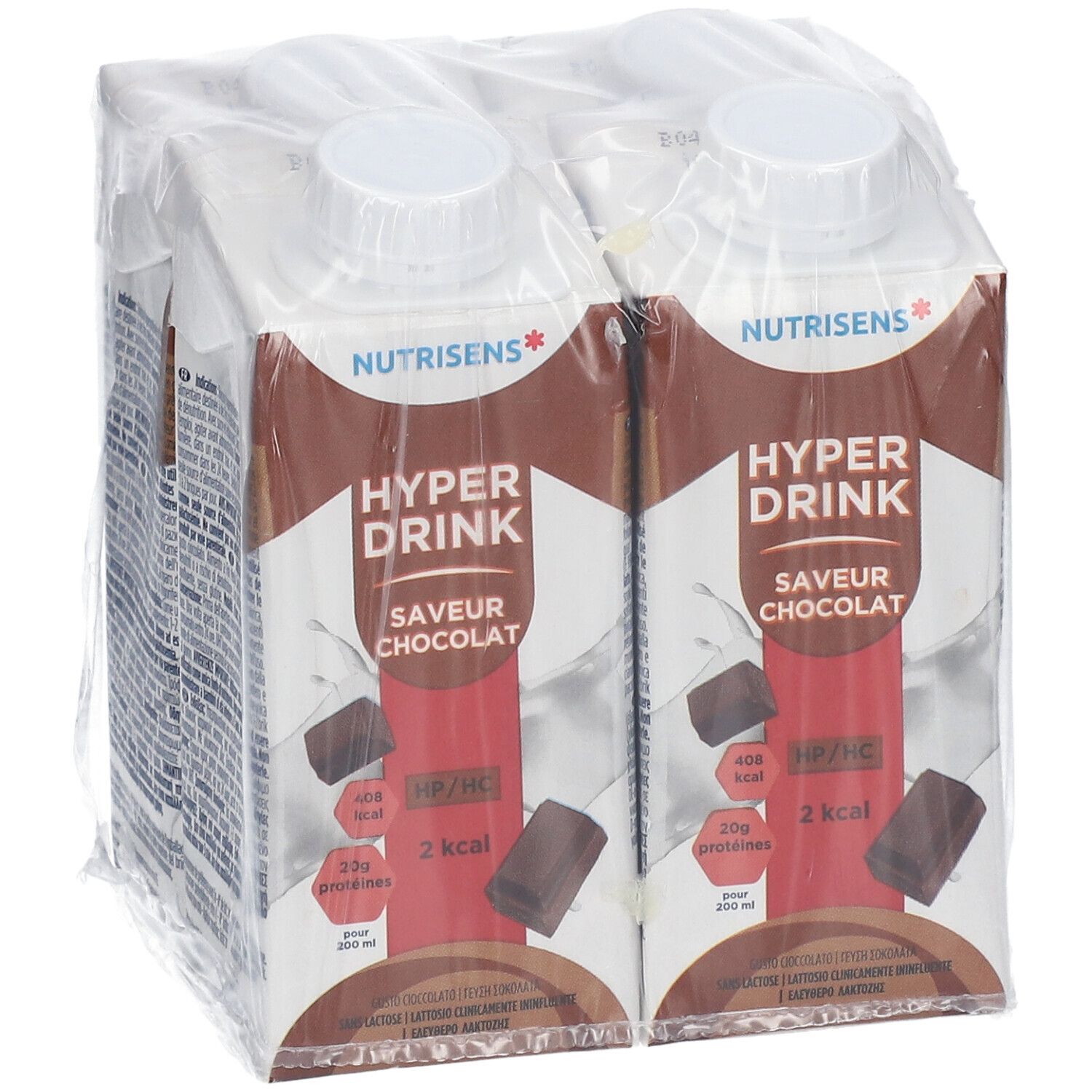 Emballage de quatre boissons. Inscription: Nutrisens Hyperdrink, saveur chocolat. Visible: 2 kcal, 20g protéines.