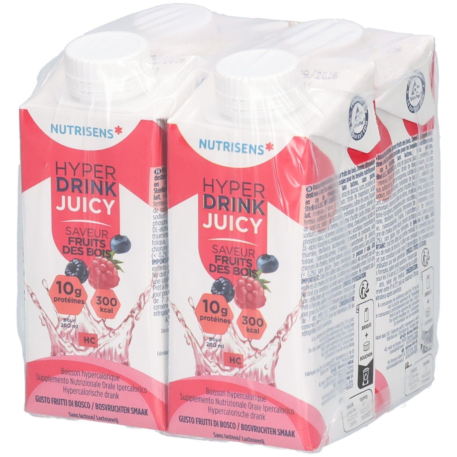 Emballage de quatre briques. Inscription: Nutrisens Hyperdrink Juicy, saveur fruits des bois. Emballage rouge et blanc.