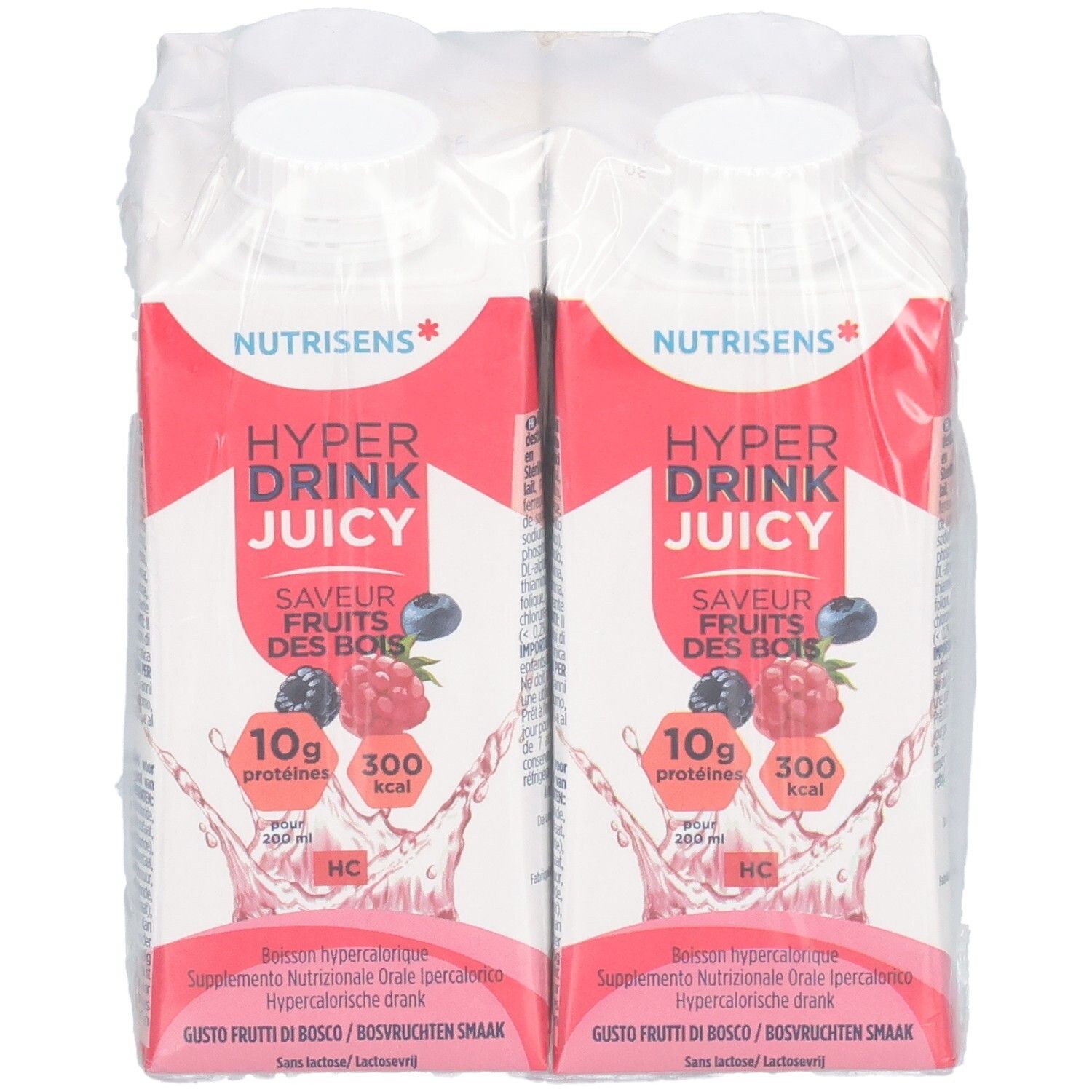 Emballage de quatre briques. Inscription: Nutrisens Hyperdrink Juicy, saveur fruits des bois. Emballage rouge et blanc.