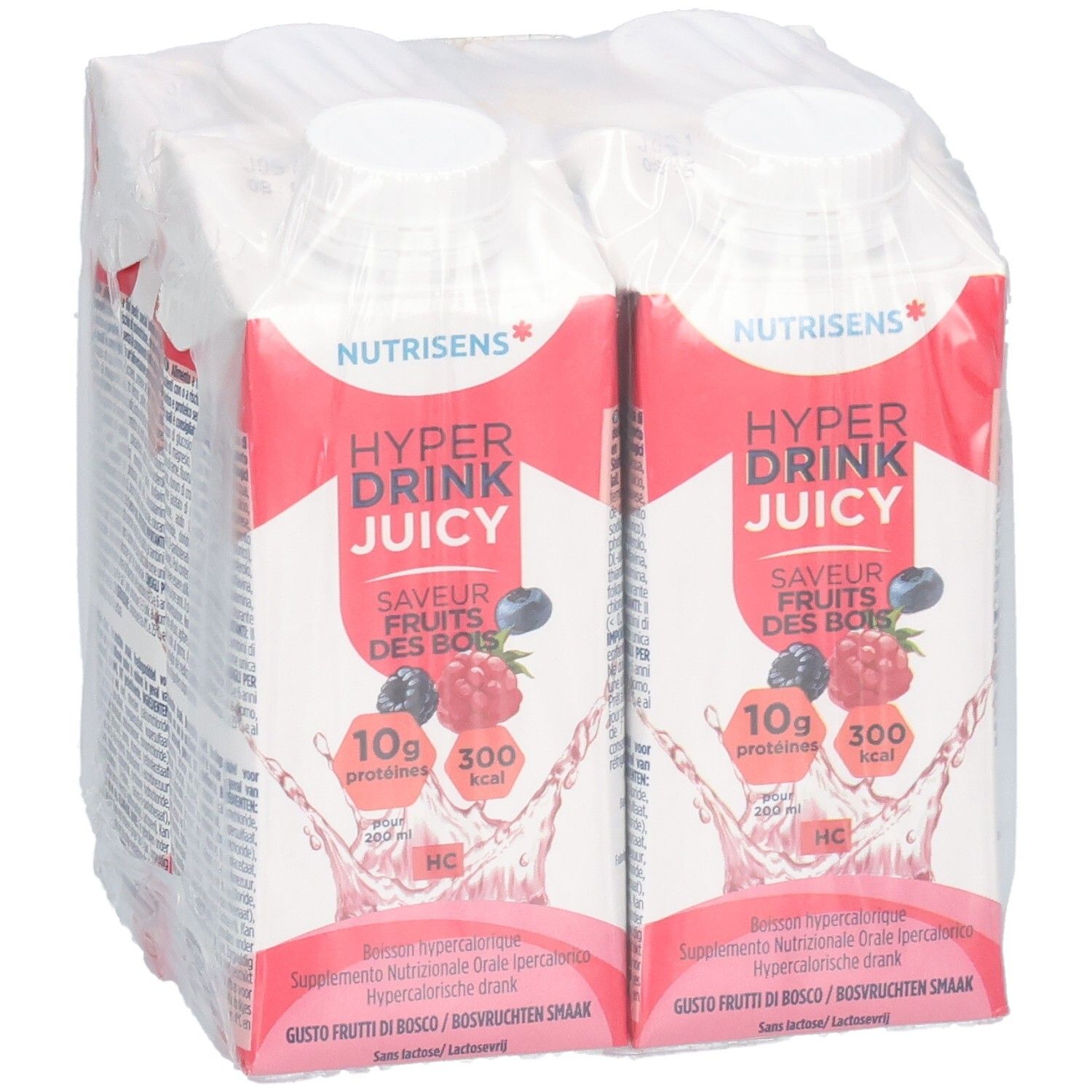 Emballage de quatre briques. Inscription: Nutrisens Hyperdrink Juicy, saveur fruits des bois. Emballage rouge et blanc.