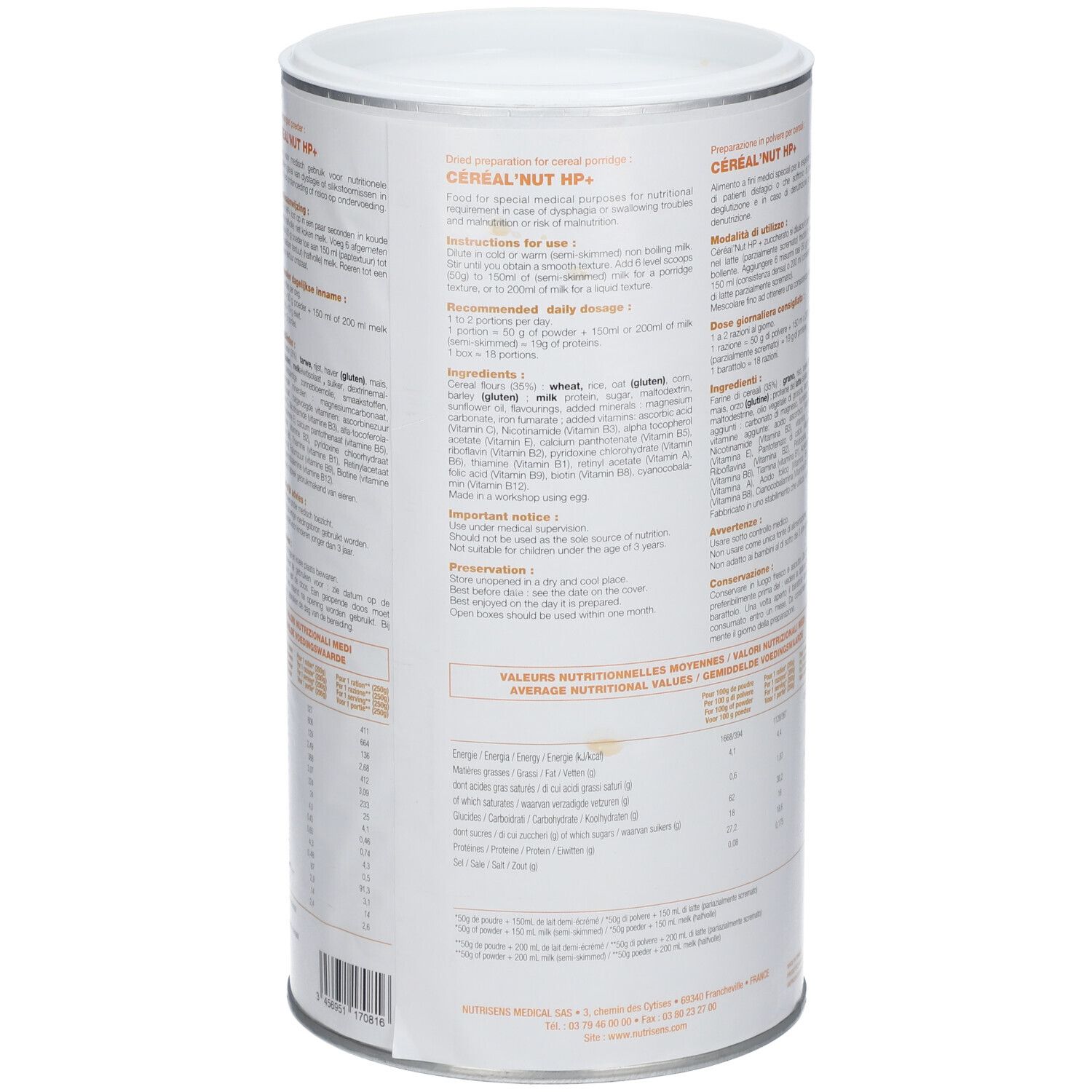 Boîte cylindrique, étiquetée. Inscription: Céréal' Nut HP+. Texte et informations nutritionnelles. Marque Nutrisens.