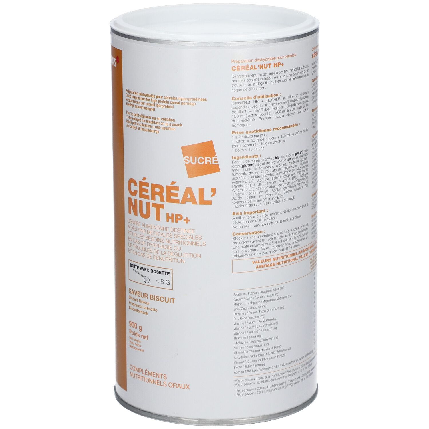 Boîte cylindrique, étiquetée. Inscription: Céréal' Nut HP+. Bande marron avec texte. Marque Nutrisens.