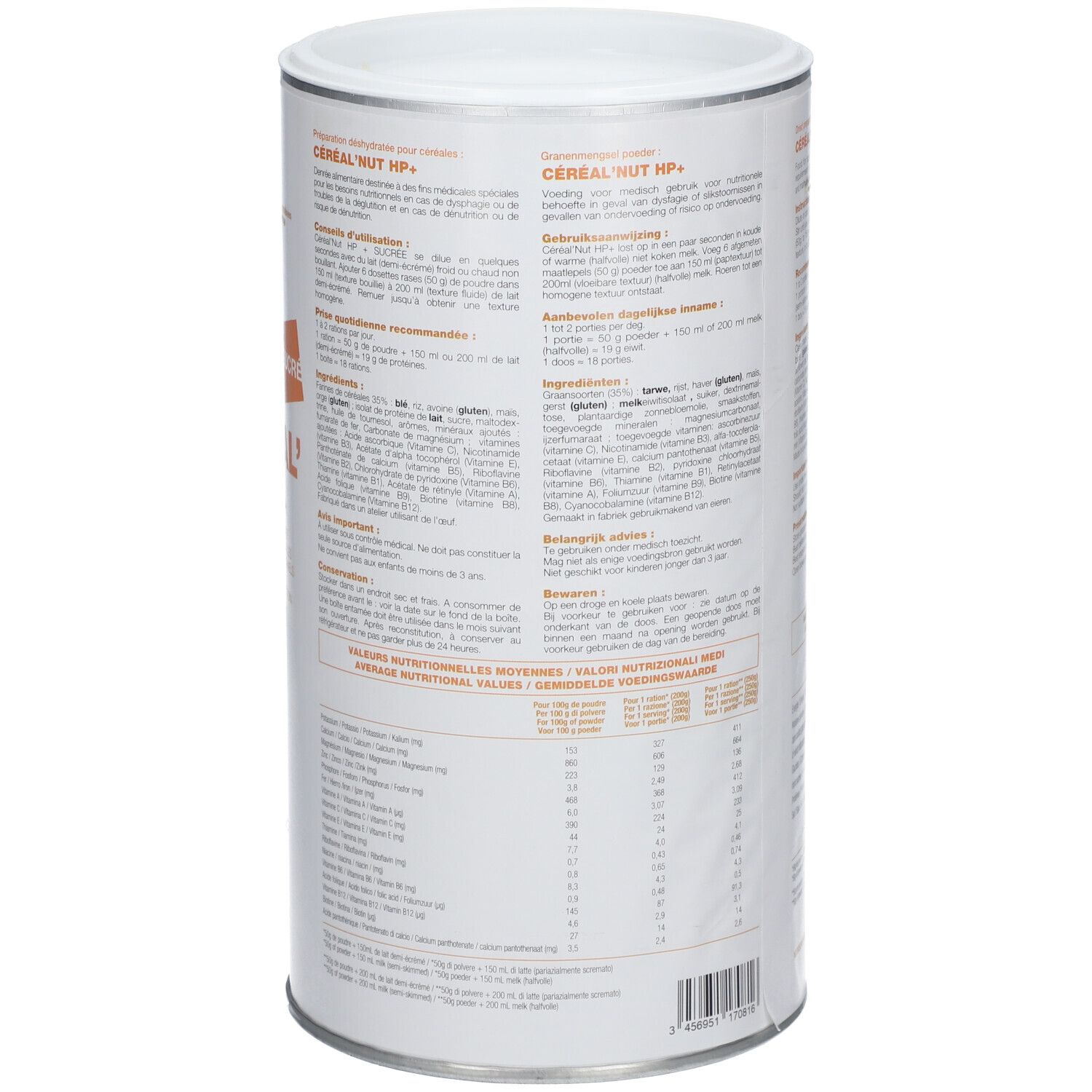 Boîte cylindrique, étiquetée. Inscription: Céréal' Nut HP+. Texte et informations nutritionnelles. Marque Nutrisens.
