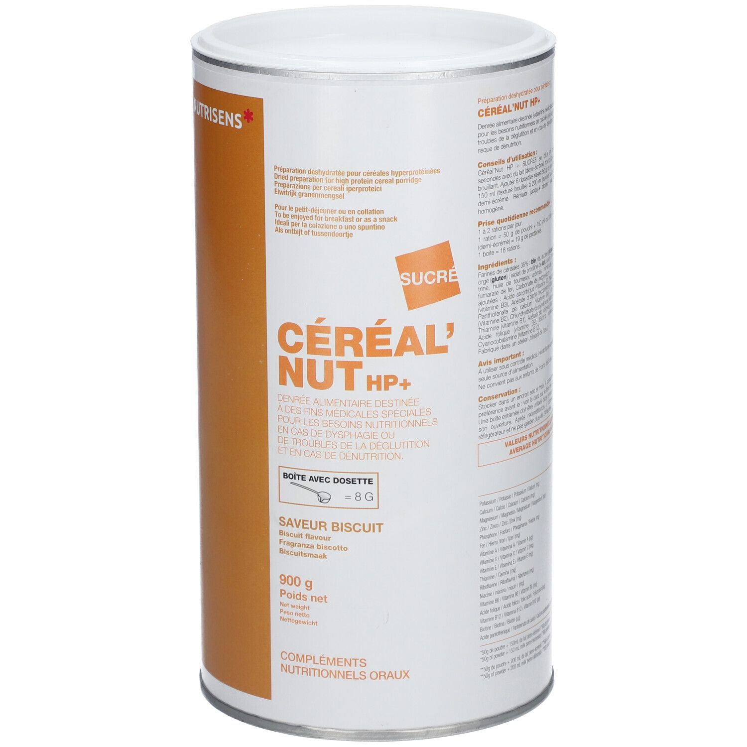 Boîte cylindrique blanche avec couvercle. Inscription: Céréal' Nut HP+, goût biscuit, 900 g. Marque Nutrisens.