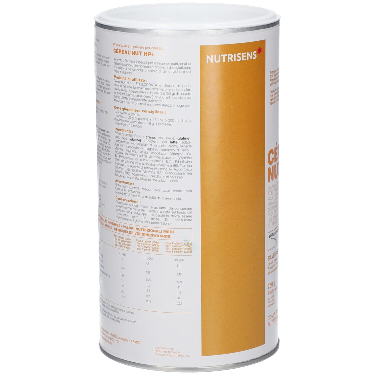Boîte cylindrique. Inscription: Céréal' Nut HP+. Marque Nutrisens. Texte multilingue. 750 g.