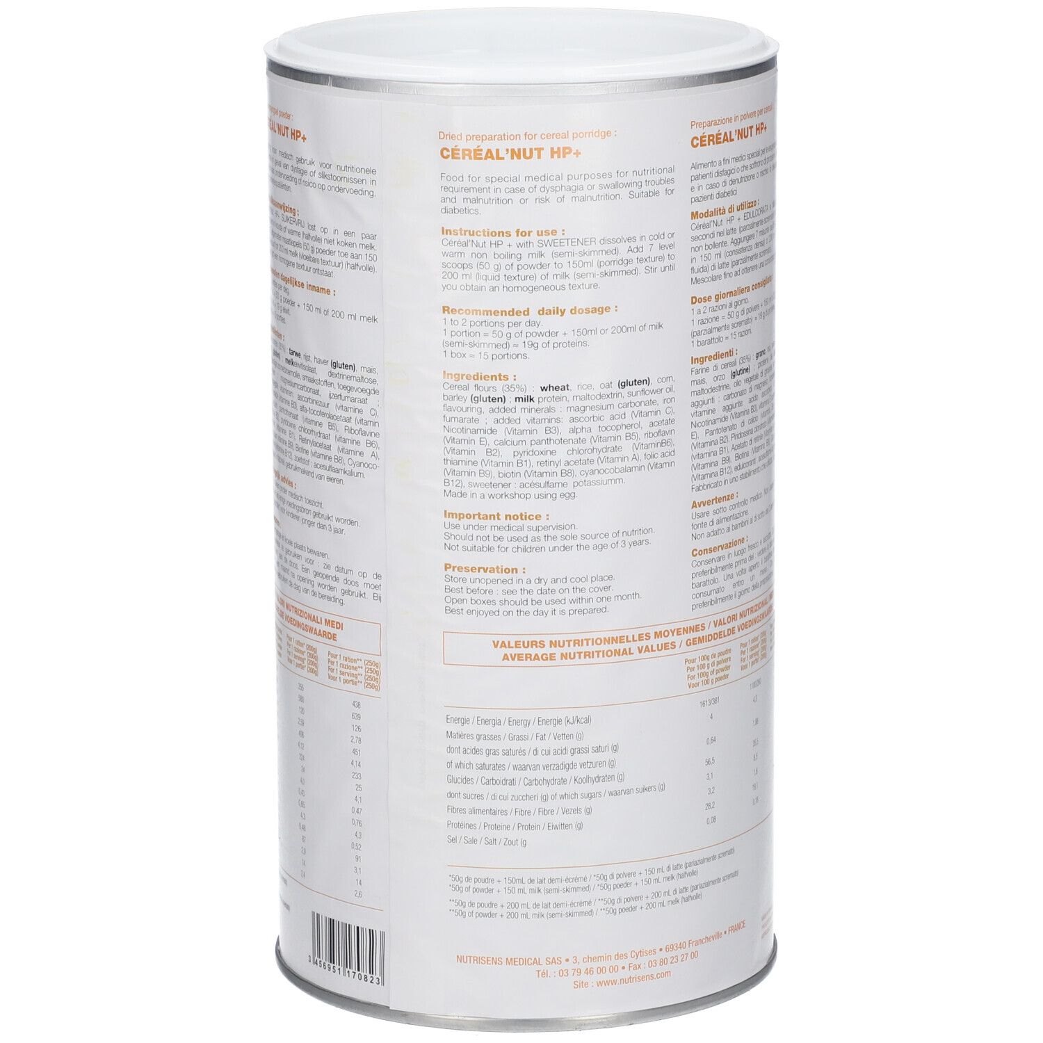 Boîte cylindrique. Inscription: Céréal' Nut HP+. Marque Nutrisens. Texte multilingue. 750 g.