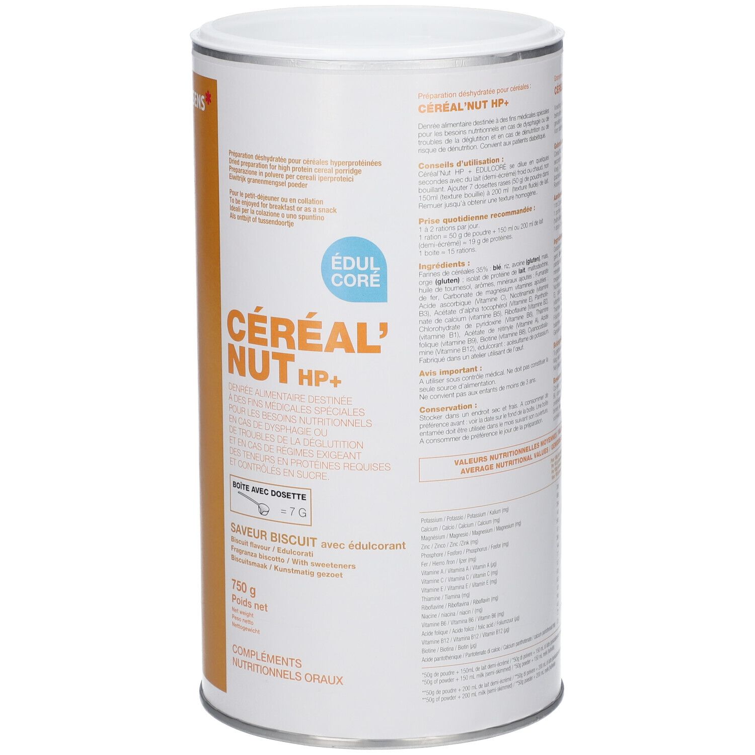 Boîte cylindrique. Inscription: Céréal' Nut HP+, Edul Core, goût biscuit. Marque Nutrisens. 750 g.