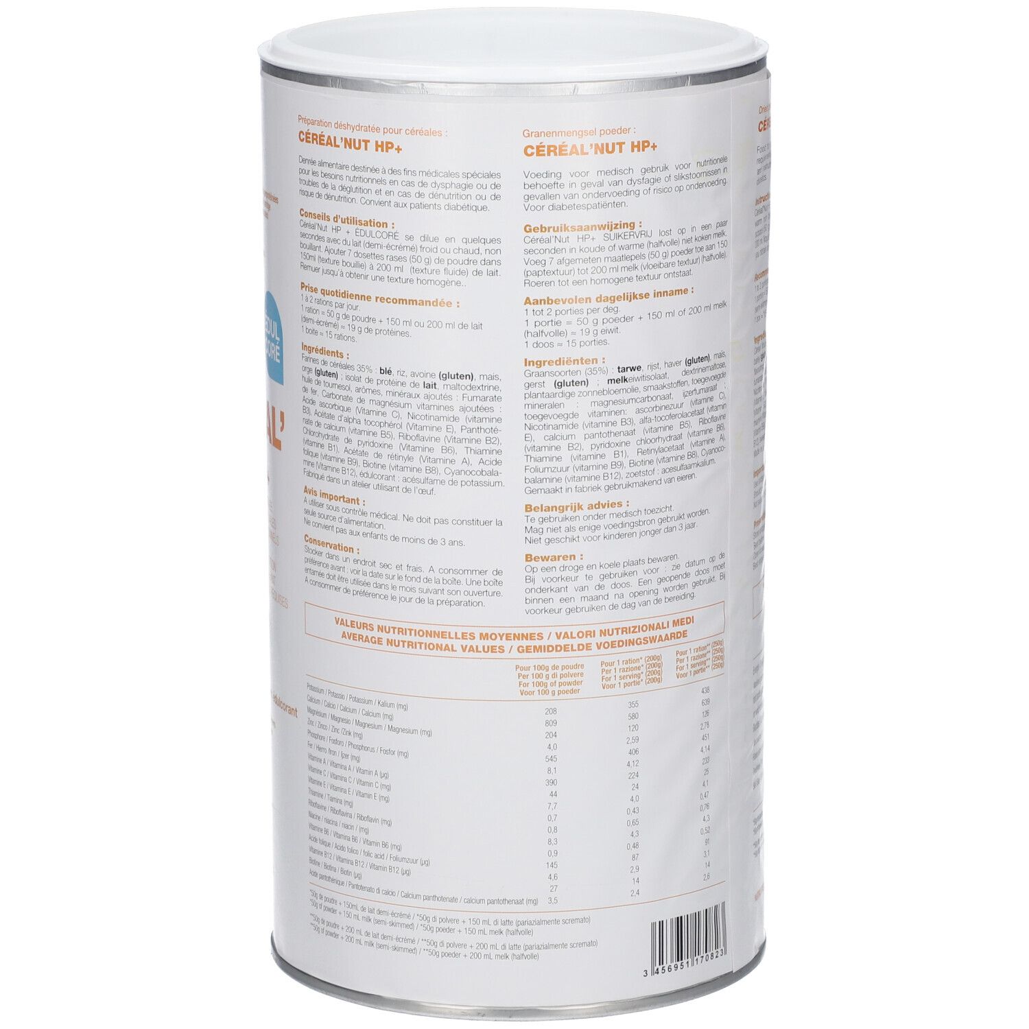 Boîte cylindrique. Inscription: Céréal' Nut HP+. Marque Nutrisens. Texte multilingue. 750 g.