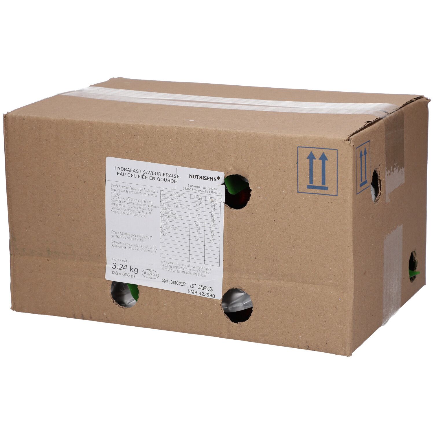Emballage en carton avec informations produit et trous. Inscription: Hydrafast, goût fraise, eau gélifiée. Poids: 3,24 kg.