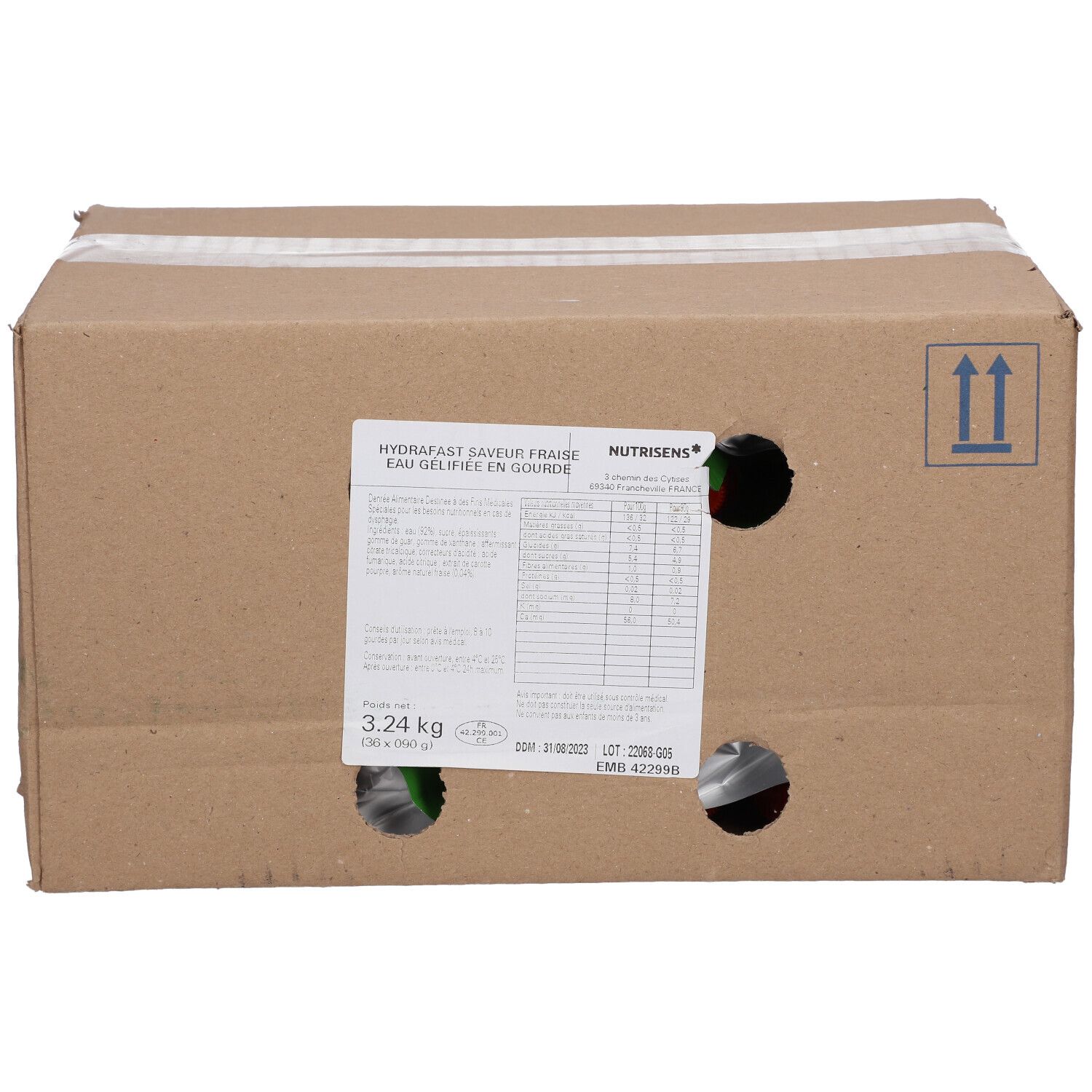 Emballage en carton avec informations produit et trous. Inscription: Hydrafast, goût fraise, eau gélifiée. Poids: 3,24 kg.