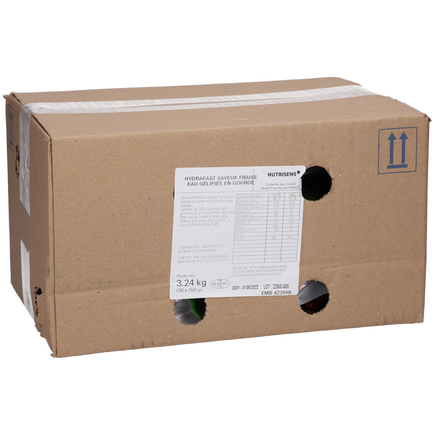 Emballage en carton avec informations produit et trous. Inscription: Hydrafast, goût fraise, eau gélifiée. Poids: 3,24 kg.