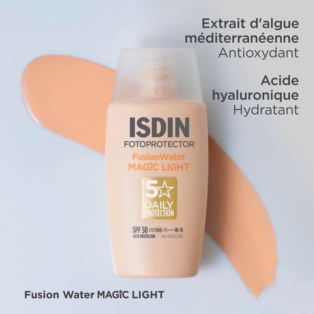 ISDIN Fotoprotector FusionWater Color Light et emballage. SPF 50, 5 étoiles Daily Protection.