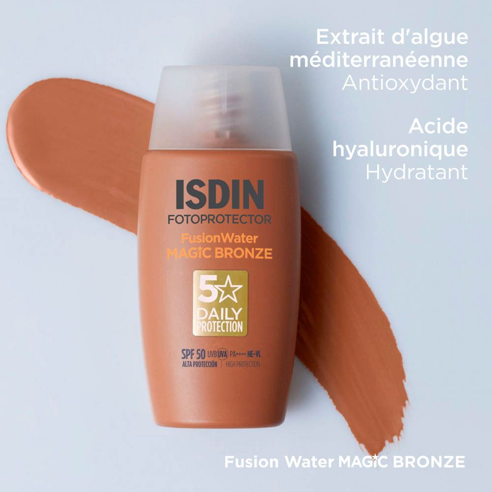 Flacon ISDIN Fotoprotector Magic Bronze. Produit et ingrédients. Gros plan.
