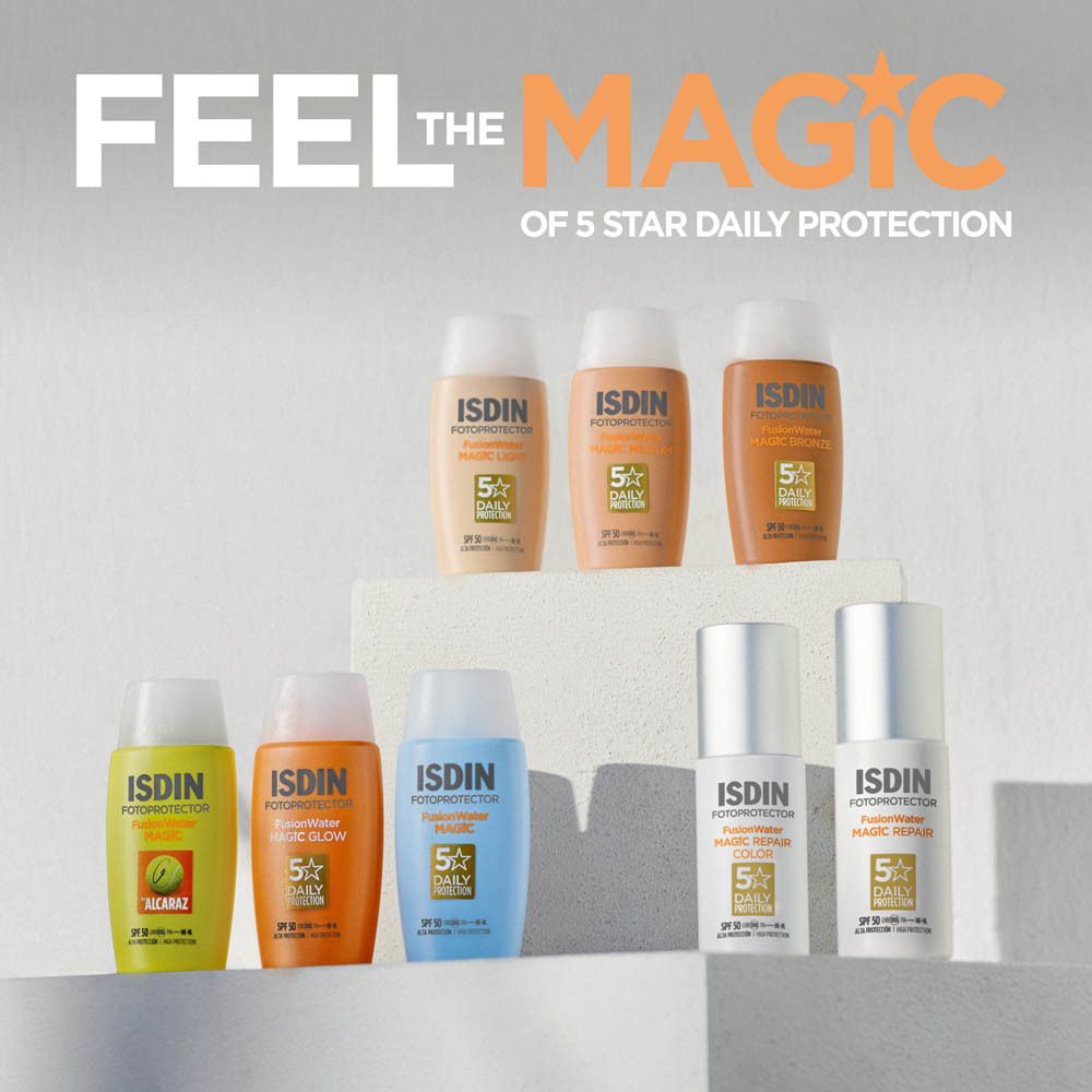 Divers produits ISDIN Fotoprotector. Flacons de différentes couleurs. Vue de face.