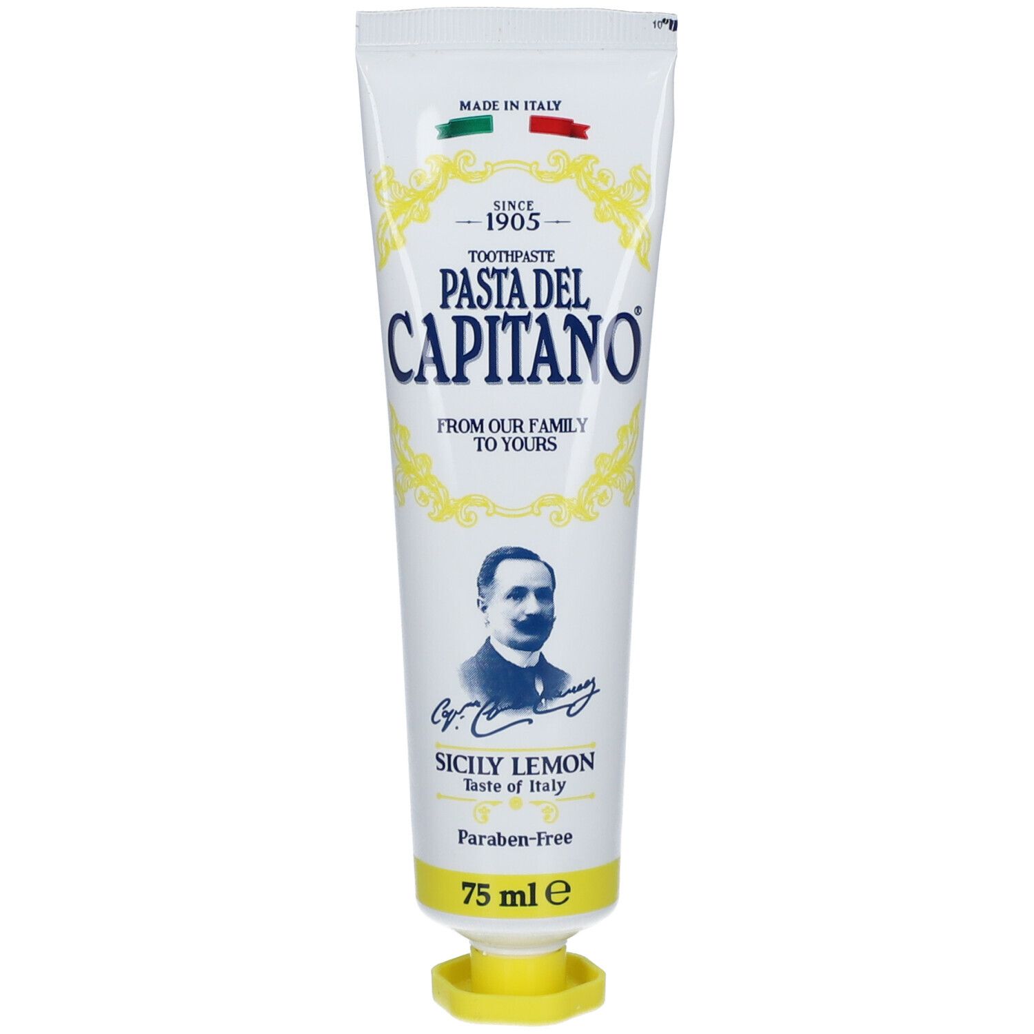 Tube de dentifrice blanche et jaune. Inscription: Pasta del Capitano, Sicily Lemon. Contient 75 ml.