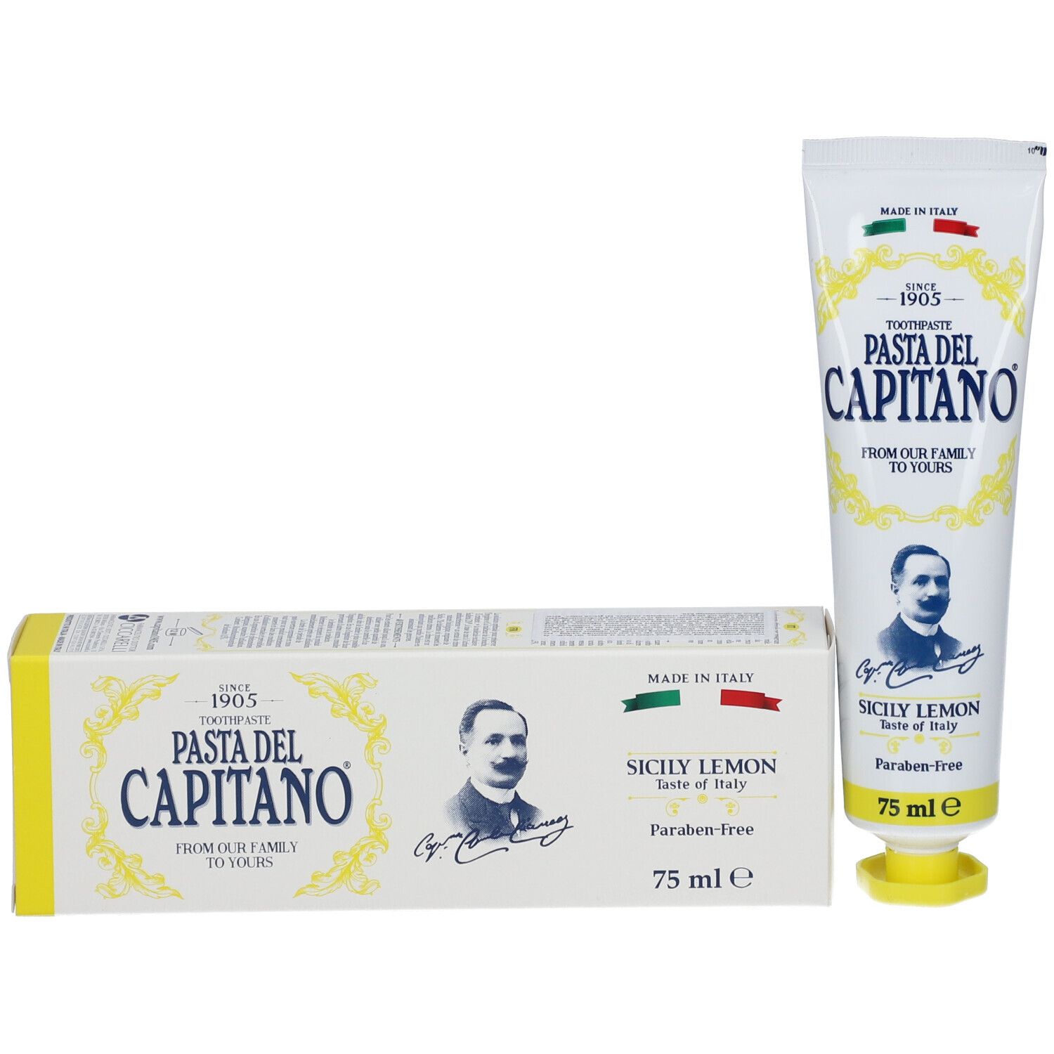 Tube et boîte de dentifrice. Inscription: Pasta del Capitano, Sicily Lemon. 75 ml. Boîte jaune et blanche.