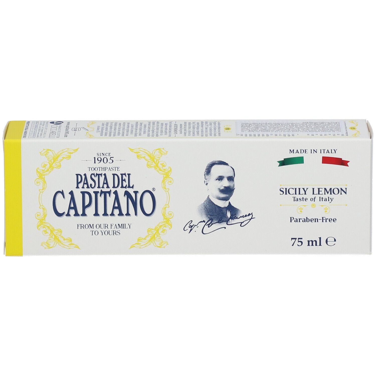 Boîte blanche avec des accents jaunes. Inscription: Pasta del Capitano, Sicily Lemon. 75 ml.