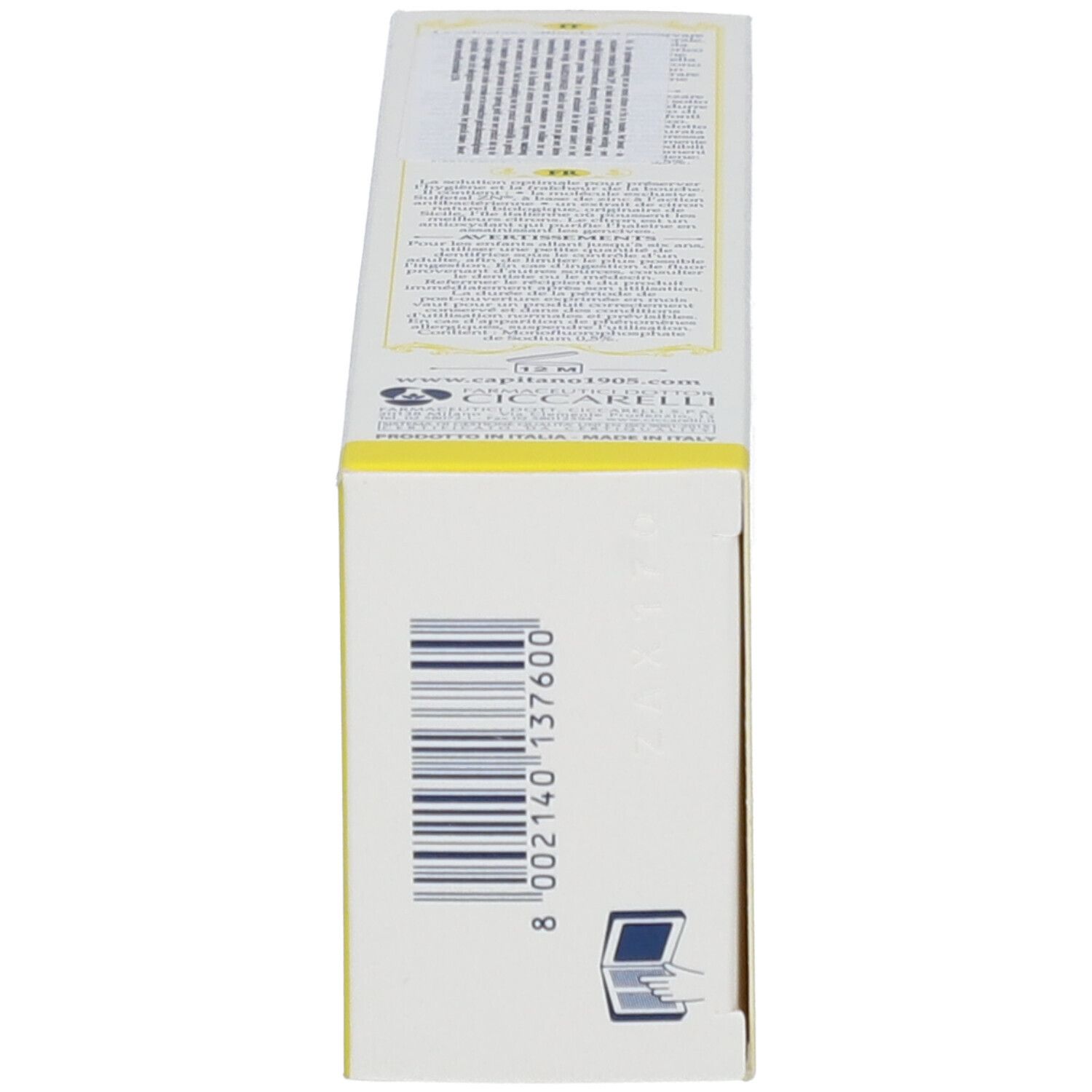 Côté de la boîte. Code-barres et texte. Fond jaune.