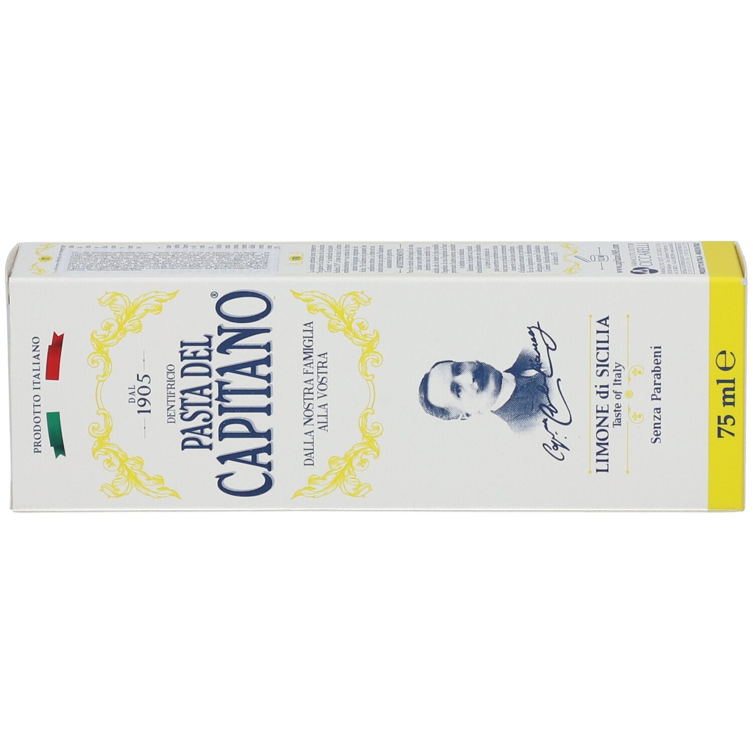 Boîte avec inscription: Pasta del Capitano, Sicily Lemon. 75 ml. Fabriqué en Italie.