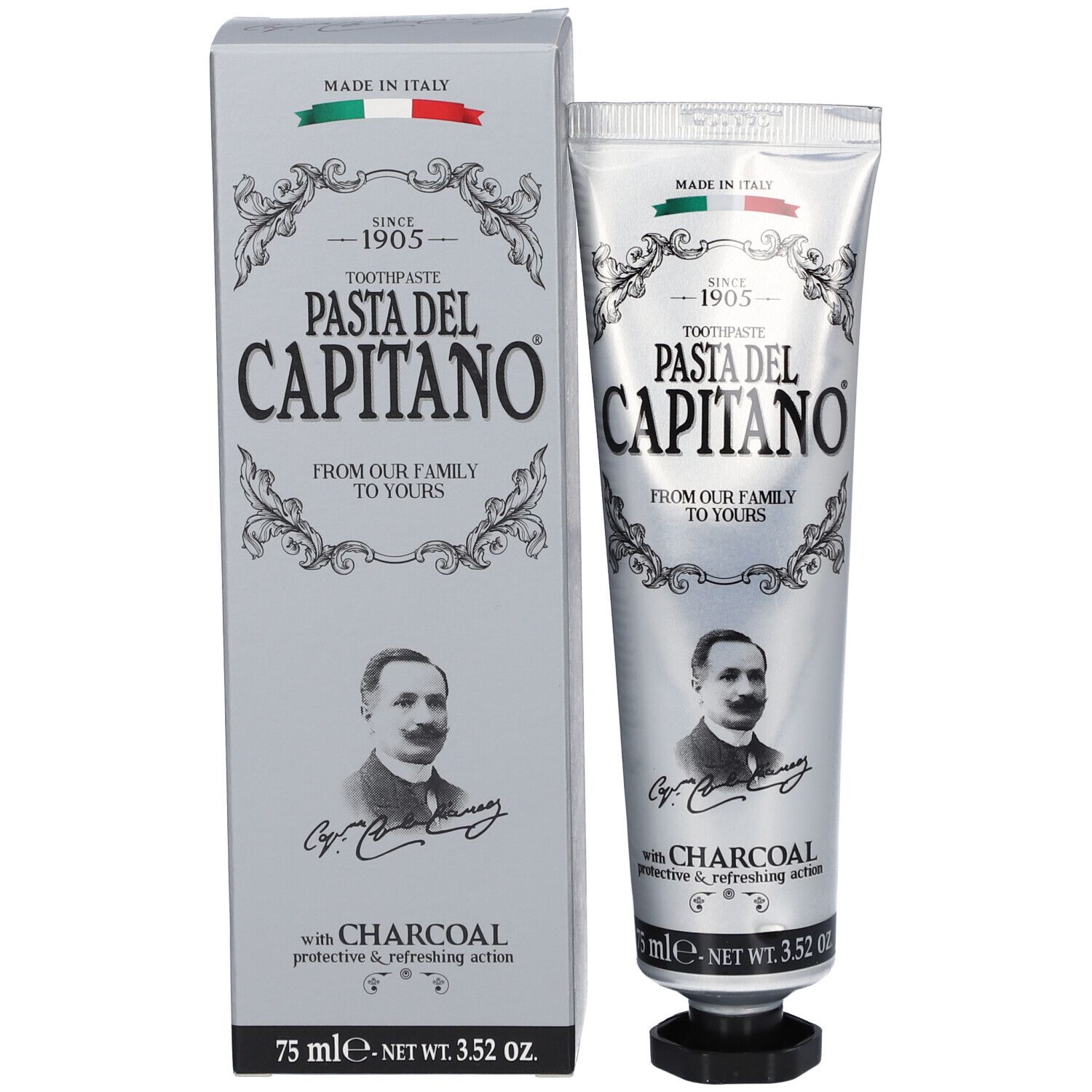 Tube de dentifrice et boîte en carton "Pasta del Capitano" dentifrice au charbon.
